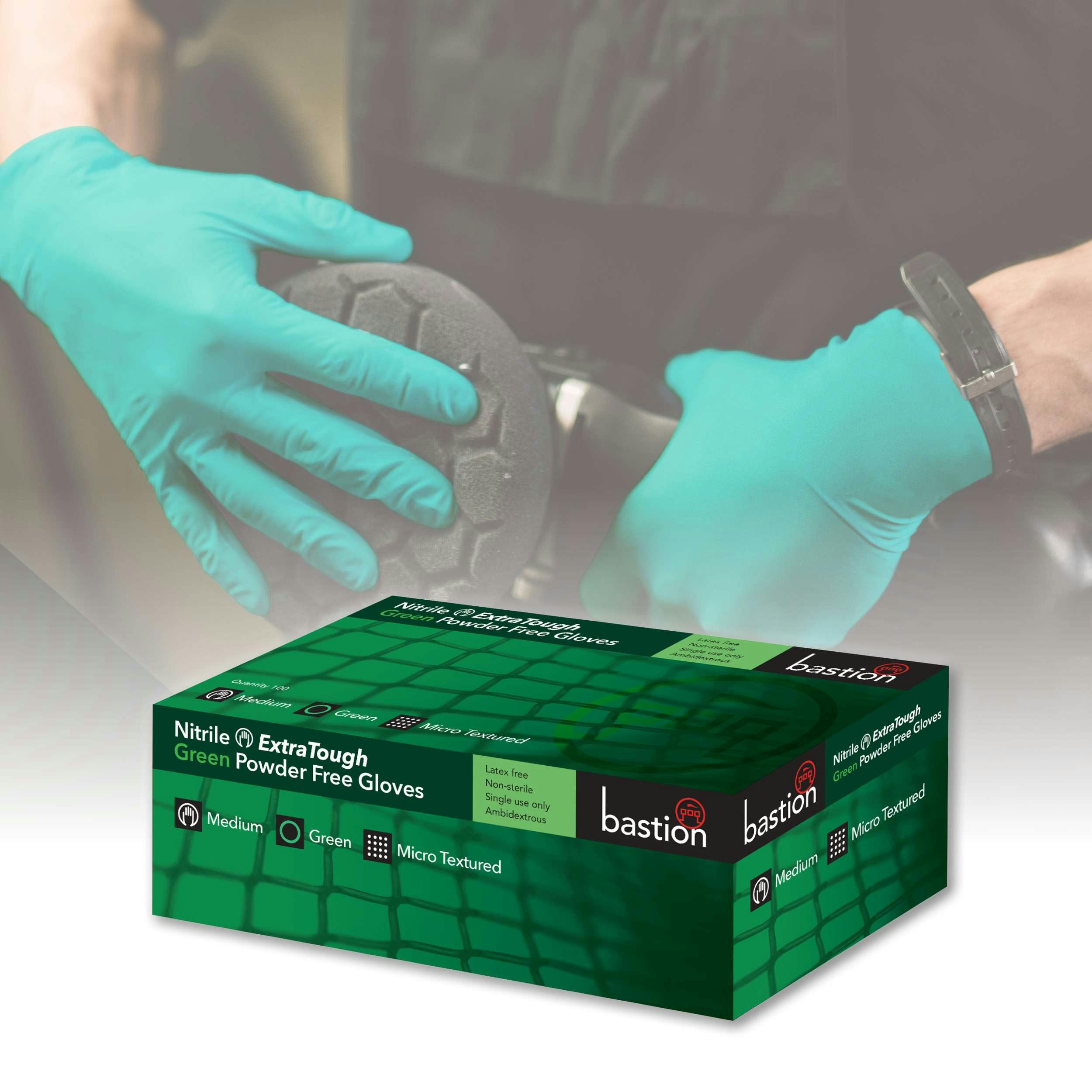 Bastion Nitrile  Extratough  Green  Gloves  -  Powder  Free  -  Micro  Textured