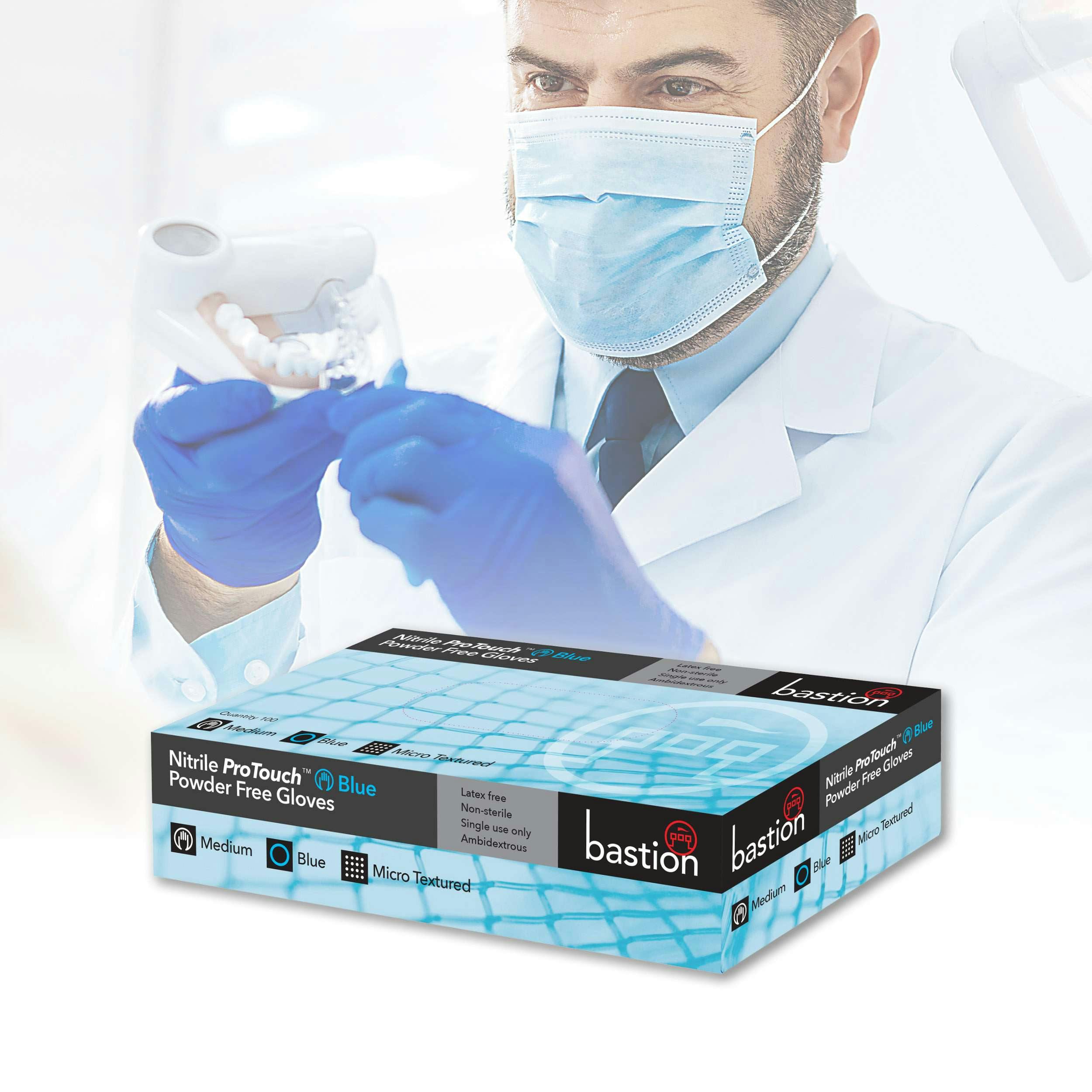 Bastion Nitrile  Protouch™  Blue  Gloves  -  Powder  Free  -  Finger  Micro  Textured