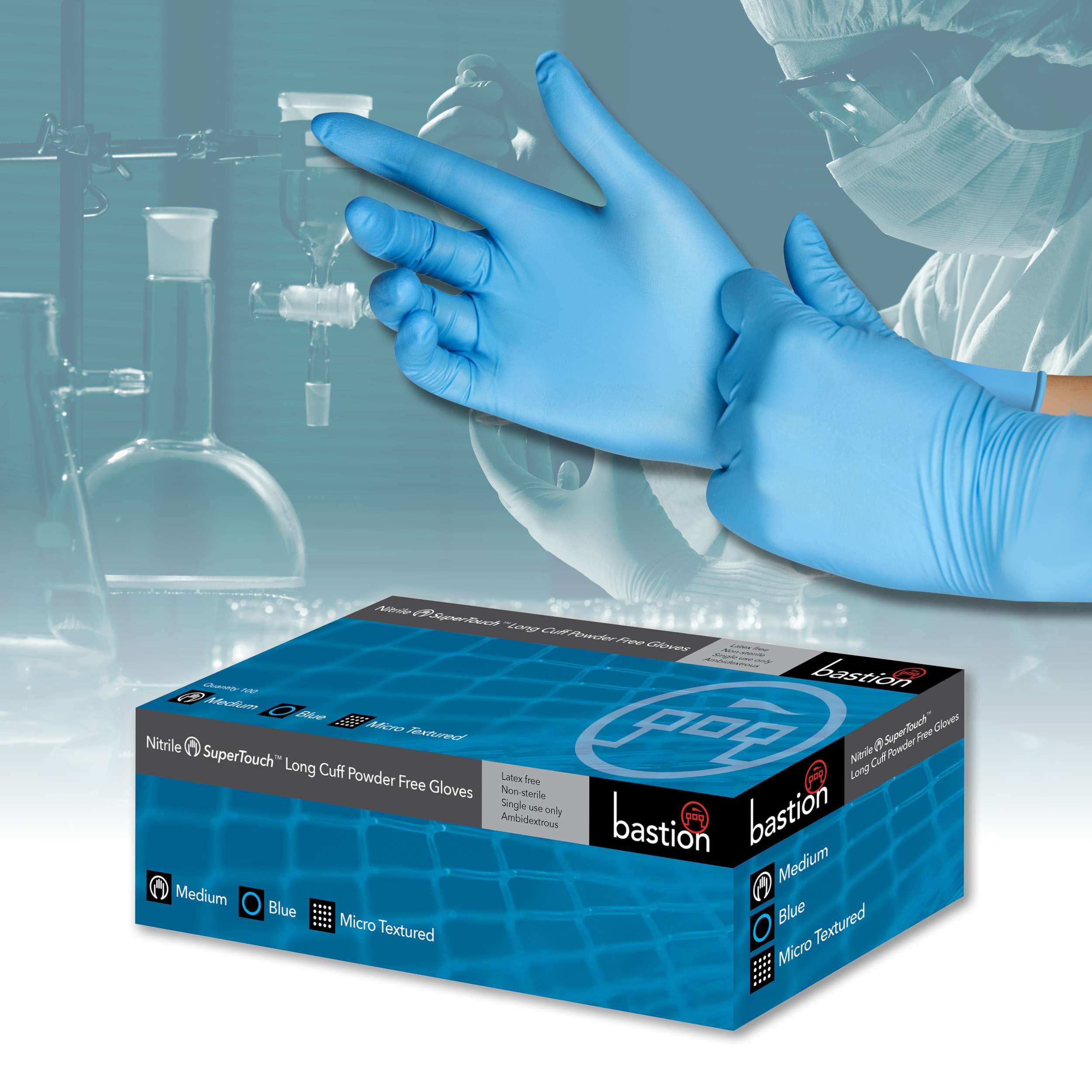 Bastion Nitrile  Supertouch™  Blue  - 300Mm  Long  Cuff -  Powder  Free - Micro  Textured_0