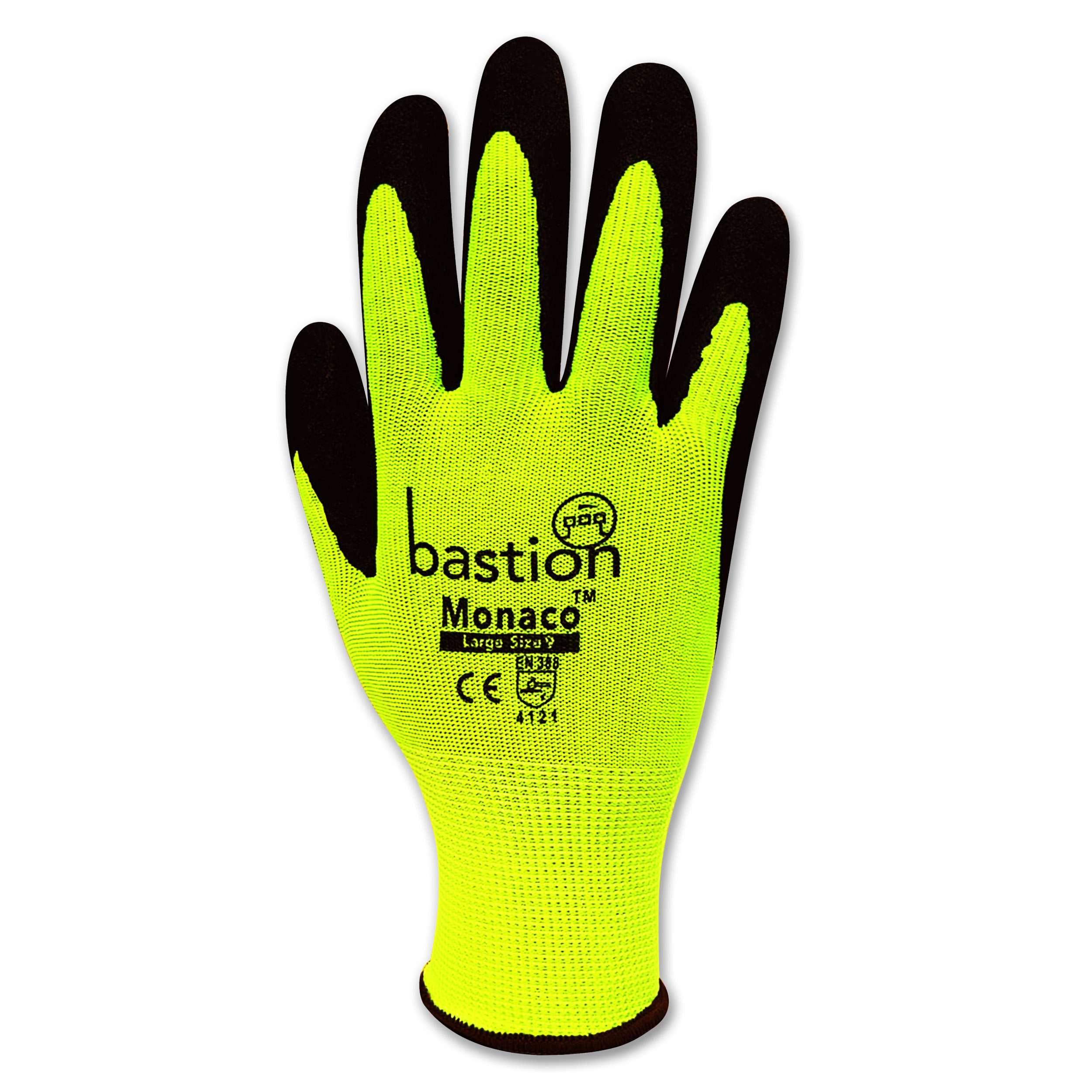 Bastion Monaco™  High Viz  Yellow  Polyester  Gloves - Black Sandy Foam Nitrile Coating_2