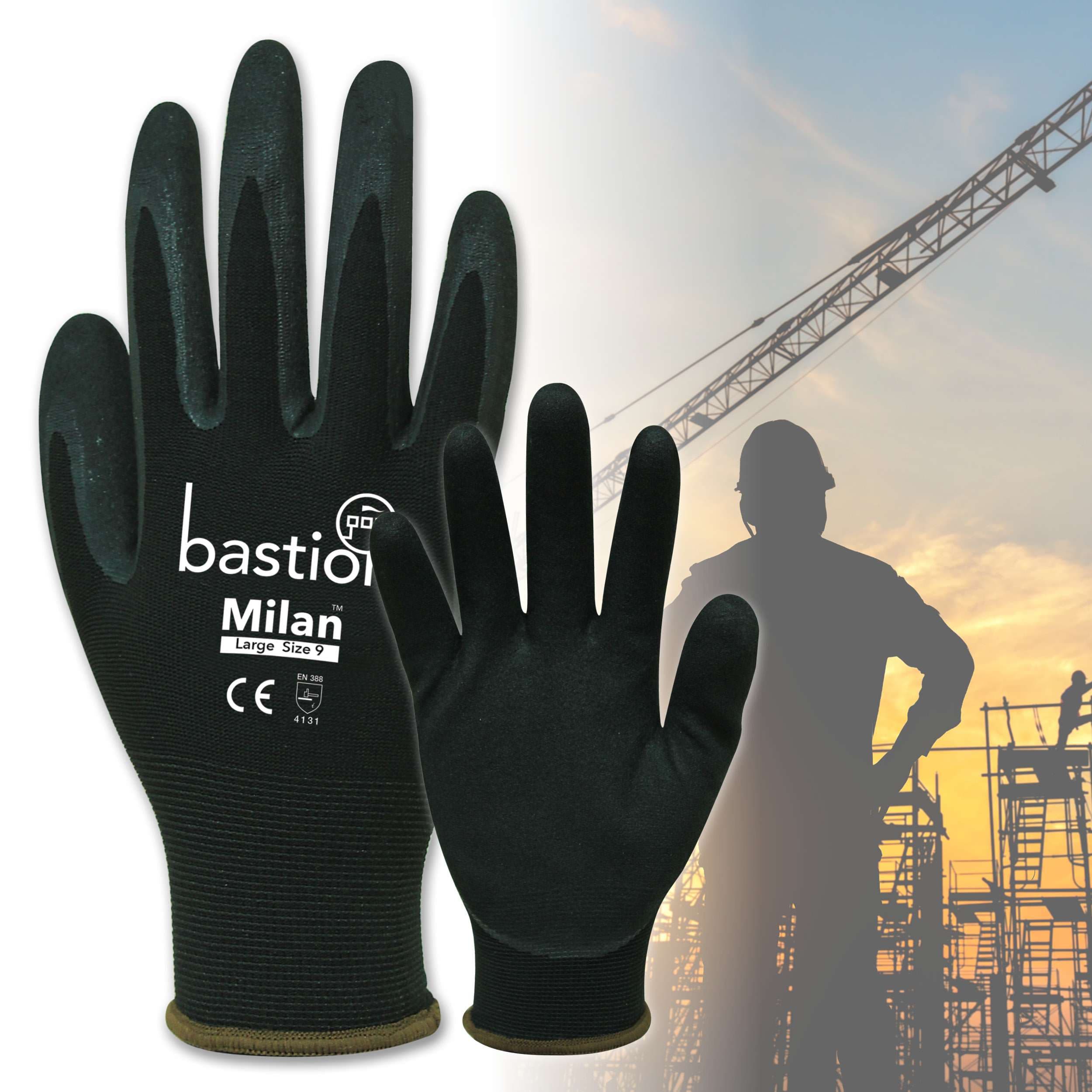 Bastion Milan™  Black  Nylon  Gloves - Black Sandy Foam Nitrile Coating