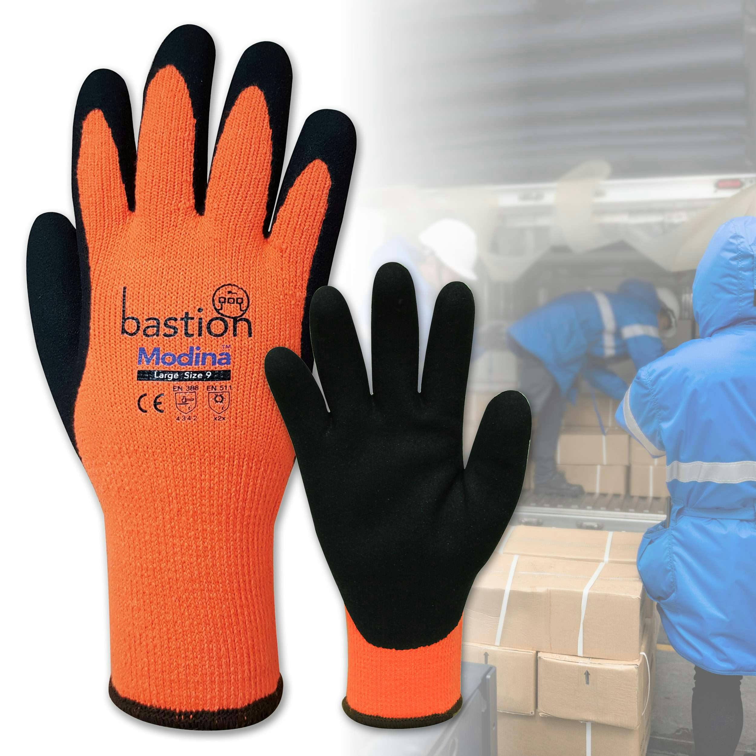 Bastion Modina™  Cut 3 Orange Acrylic  Thermal  Gloves - Black Sandy Latex Coating