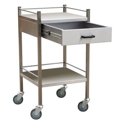 FastAid Trolley, Stainless Steel Construction, 2 Shelves With Wheels And Pull Out Drawer