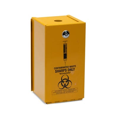 FastAid Sharps Metal Safe, 5L, Yellow Armour, Includes 2 Square 5L Plastic Sharps Containers