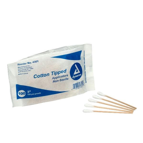 Non-Sterile Cotton Tipped Applicators, 3" Wood Shaft, 100/bag