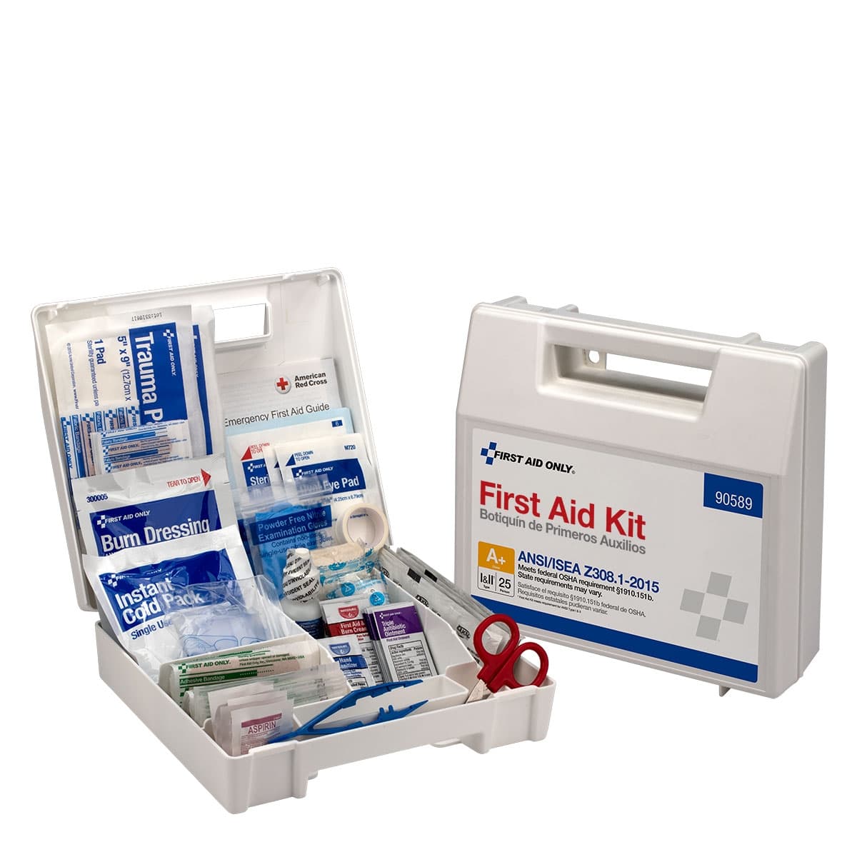 25 Person First Aid Kit, ANSI 2015 Class A+, Plastic Case with Dividers