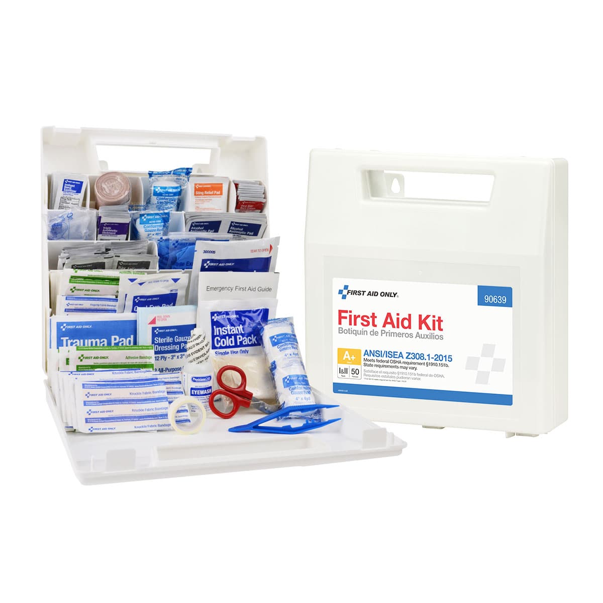 50 Person First Aid Kit, ANSI 2015 Class A+, Plastic Case with Dividers