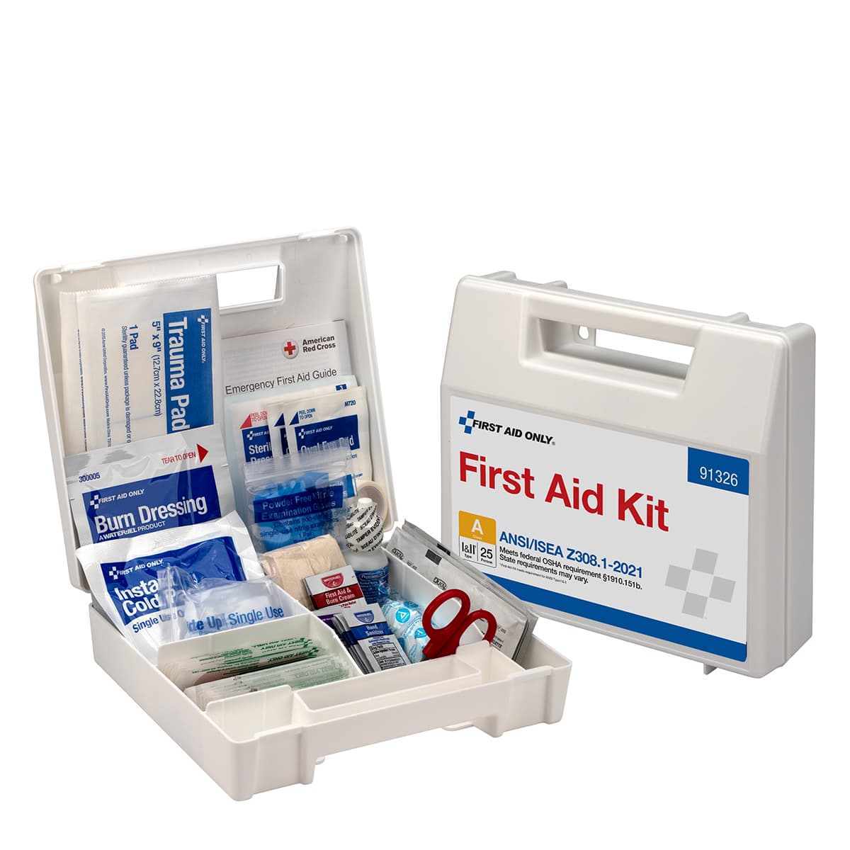 25 Person ANSI 2021 Class A, Plastic First Aid Kit with Dividers