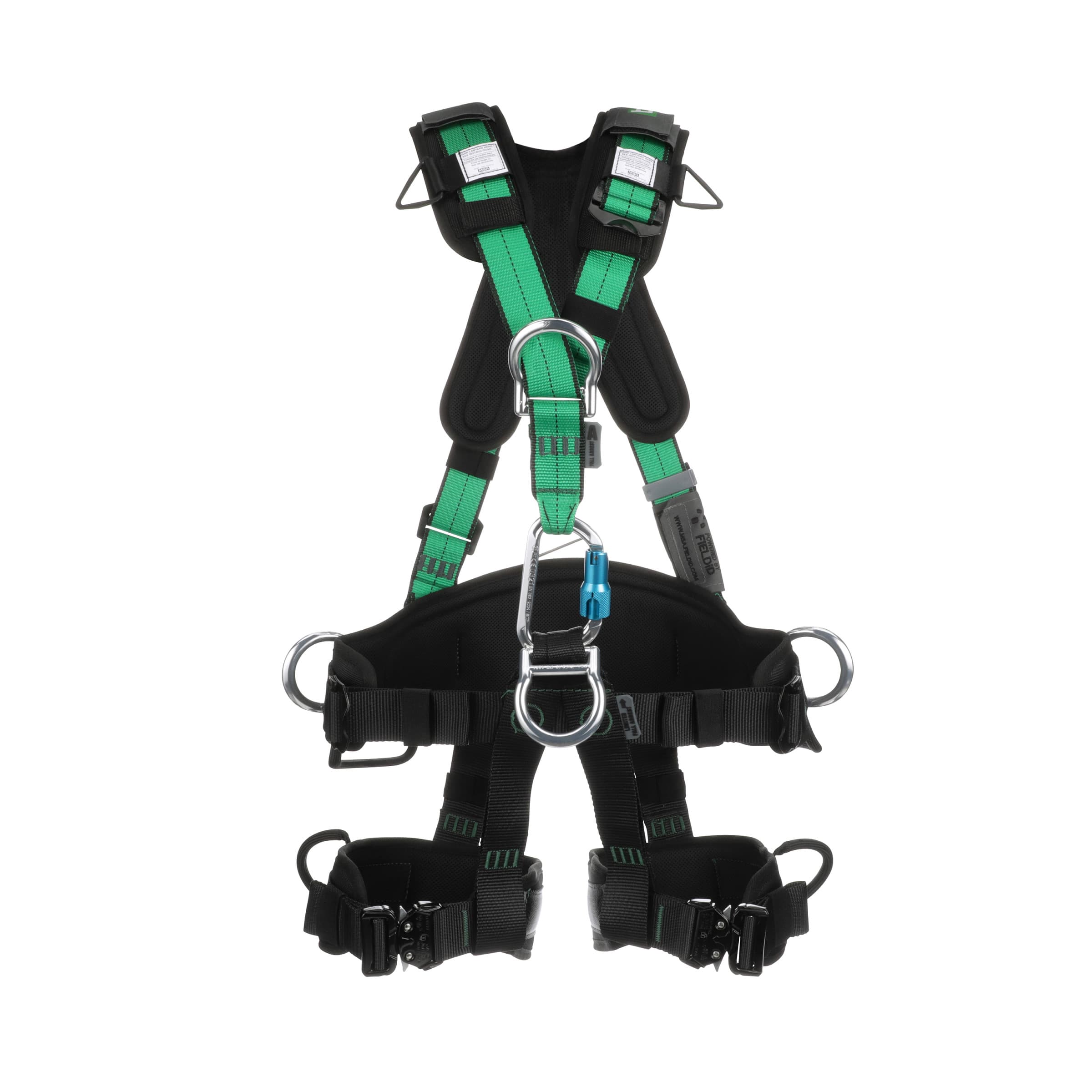 MSA Gravity Suspension Harness, Aluminum Back, Front, Ventral & Hip D-Rings, Lumbar, Shoulder & Leg Padding, Green Web, Medium