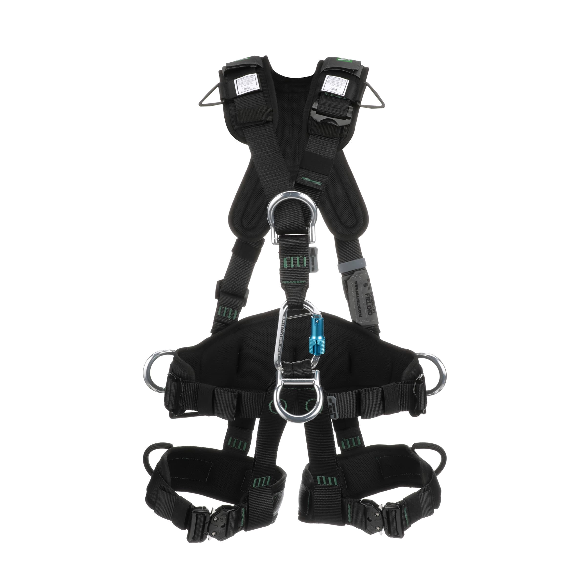 MSA Gravity Suspension Harness, Aluminum Back, Front, Ventral & Hip D-Rings, Lumbar, Shoulder & Leg Padding, Black Web, Large