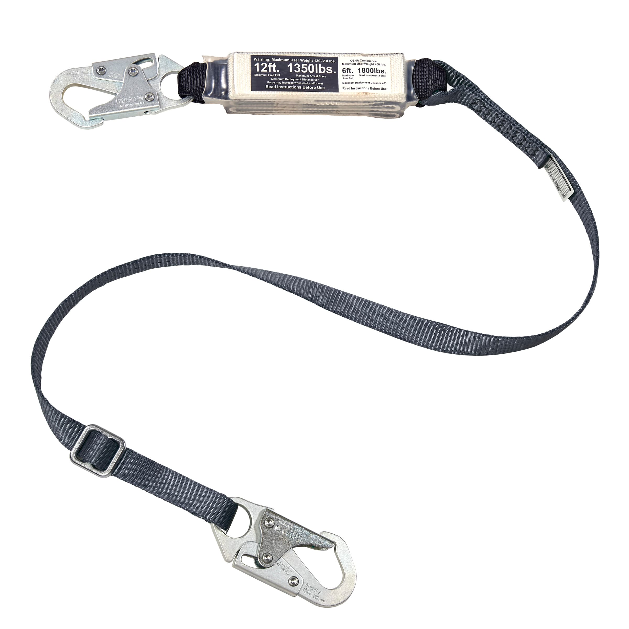 MSA V-Series 12Ft Free Fall/Heavy Worker Single Leg Energy Absorbing Lanyard, 6' Small Snaphook