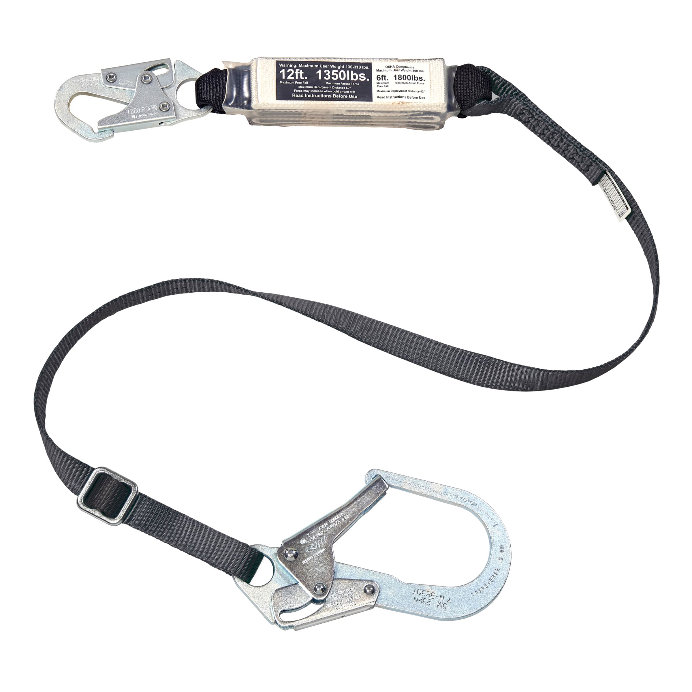 MSA V-Series 12Ft Free Fall/Heavy Worker Single Leg Energy Absorbing Lanyard, 6'Large Snaphook