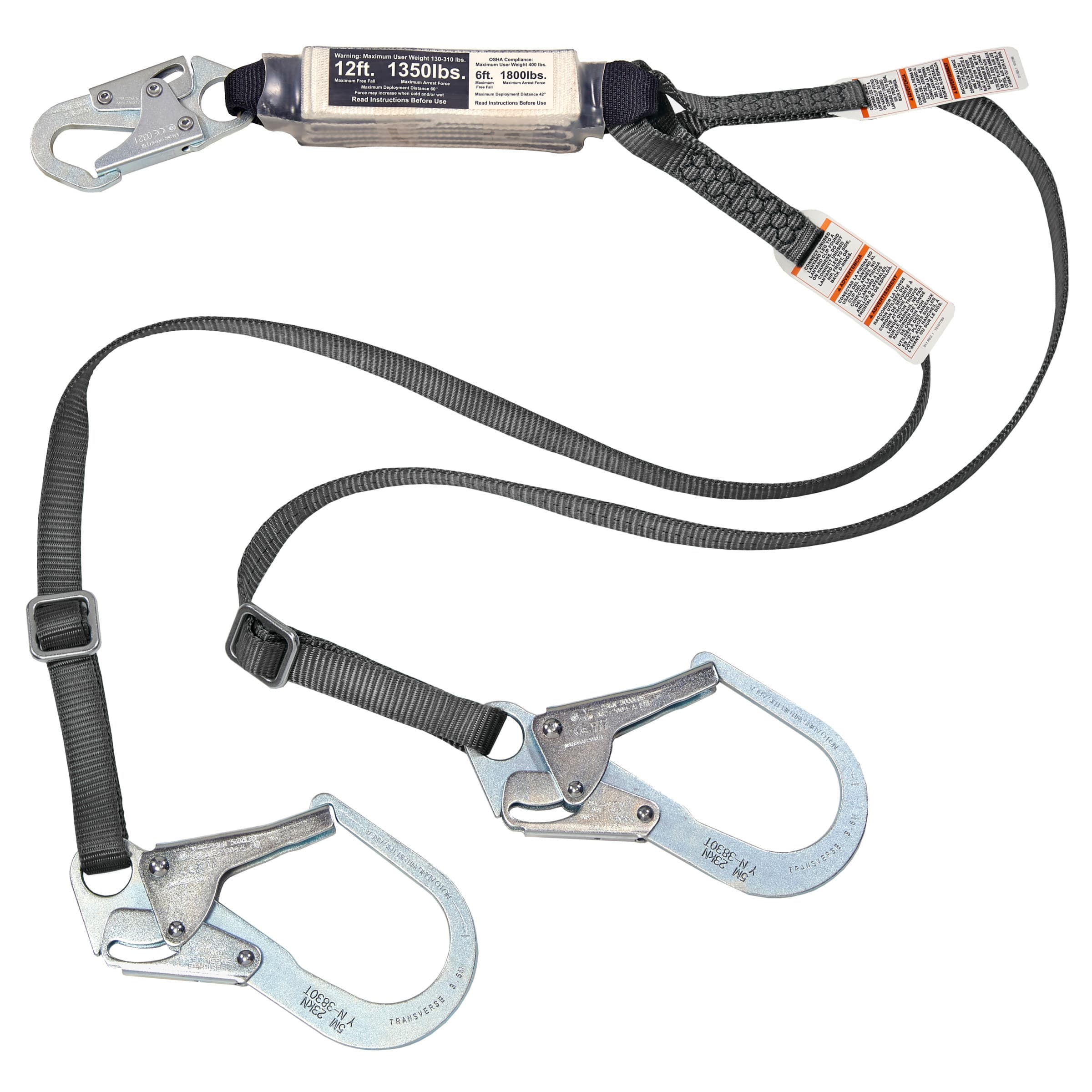 MSA V-Series 12Ft Free Fall/Heavy Worker Twin Leg Energy Absorbing Lanyard, 6' Small Snaphook