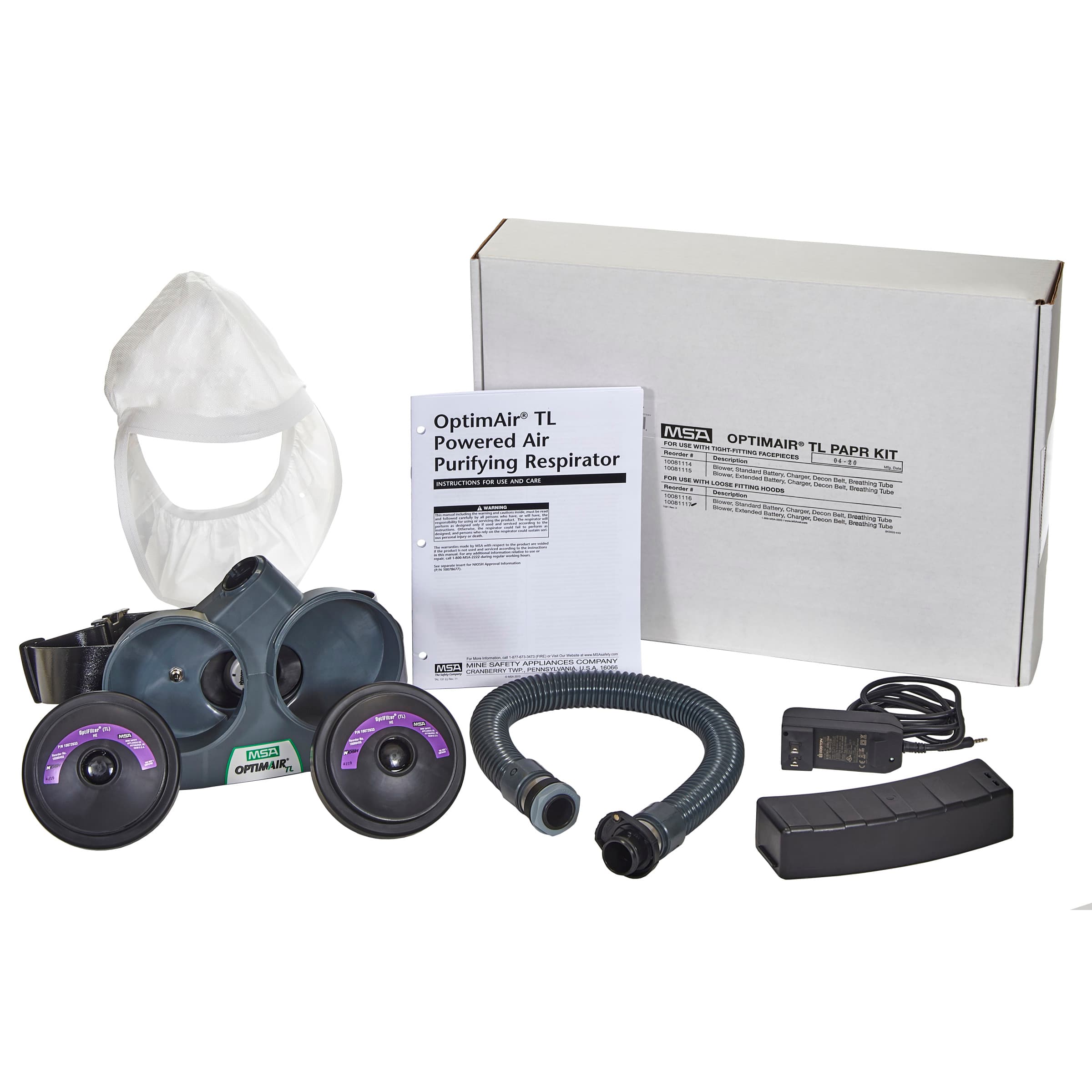 MSA Optimair Tl Kit With Low Profile White Hood, He Filters, Extended Battery