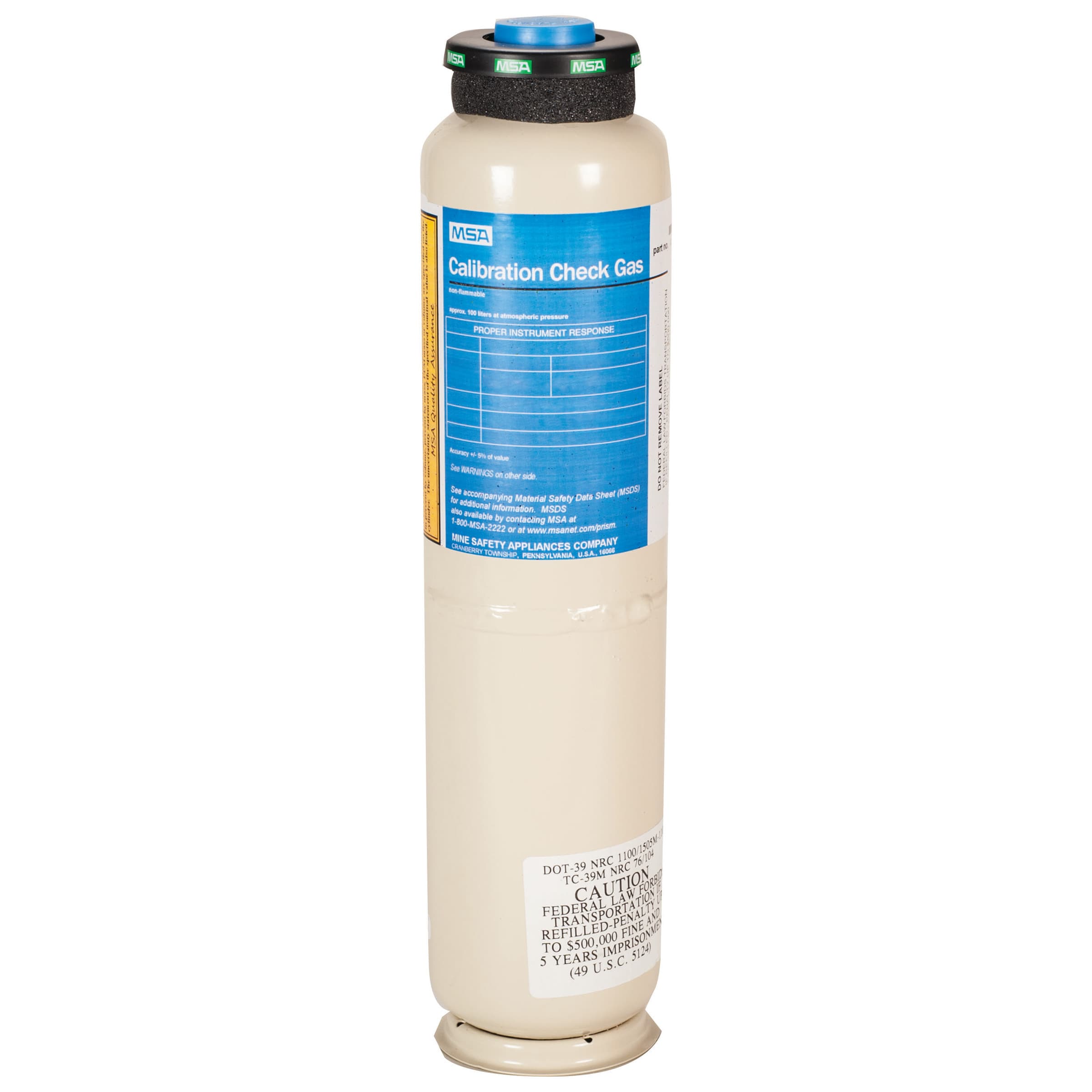 MSA Calibration Cylinder, Gas, 100 L, Non-Reactive, (Ch4)-2.5%, (O2)-15%, (Co)-60 Ppm