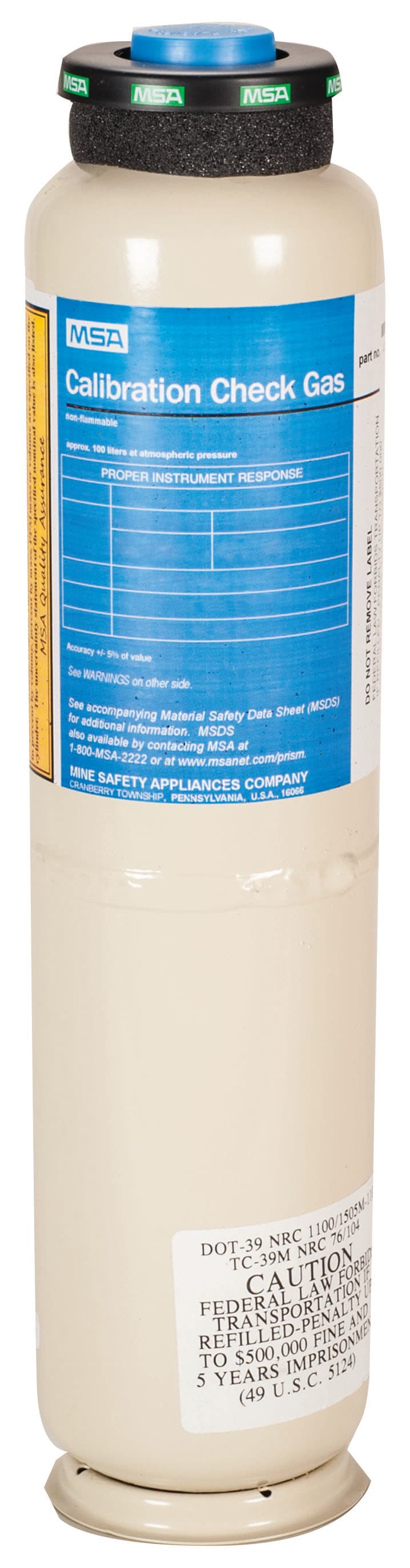 MSA Calibration Cylinder, Gas, 100 L, Non-Reactive, (Ch4)-2.5%, (O2)-15%, (Co)-60 Ppm_1