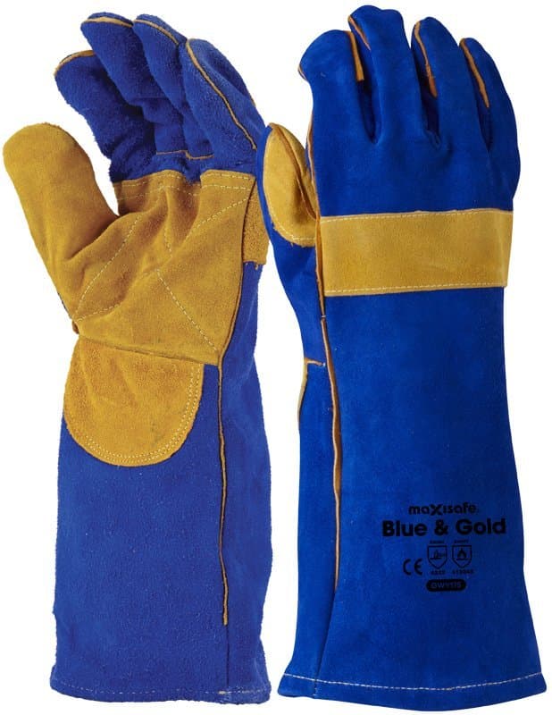 Maxisafe Blue & Gold Welders Gauntlet, Reinforced & Cross-Stitched