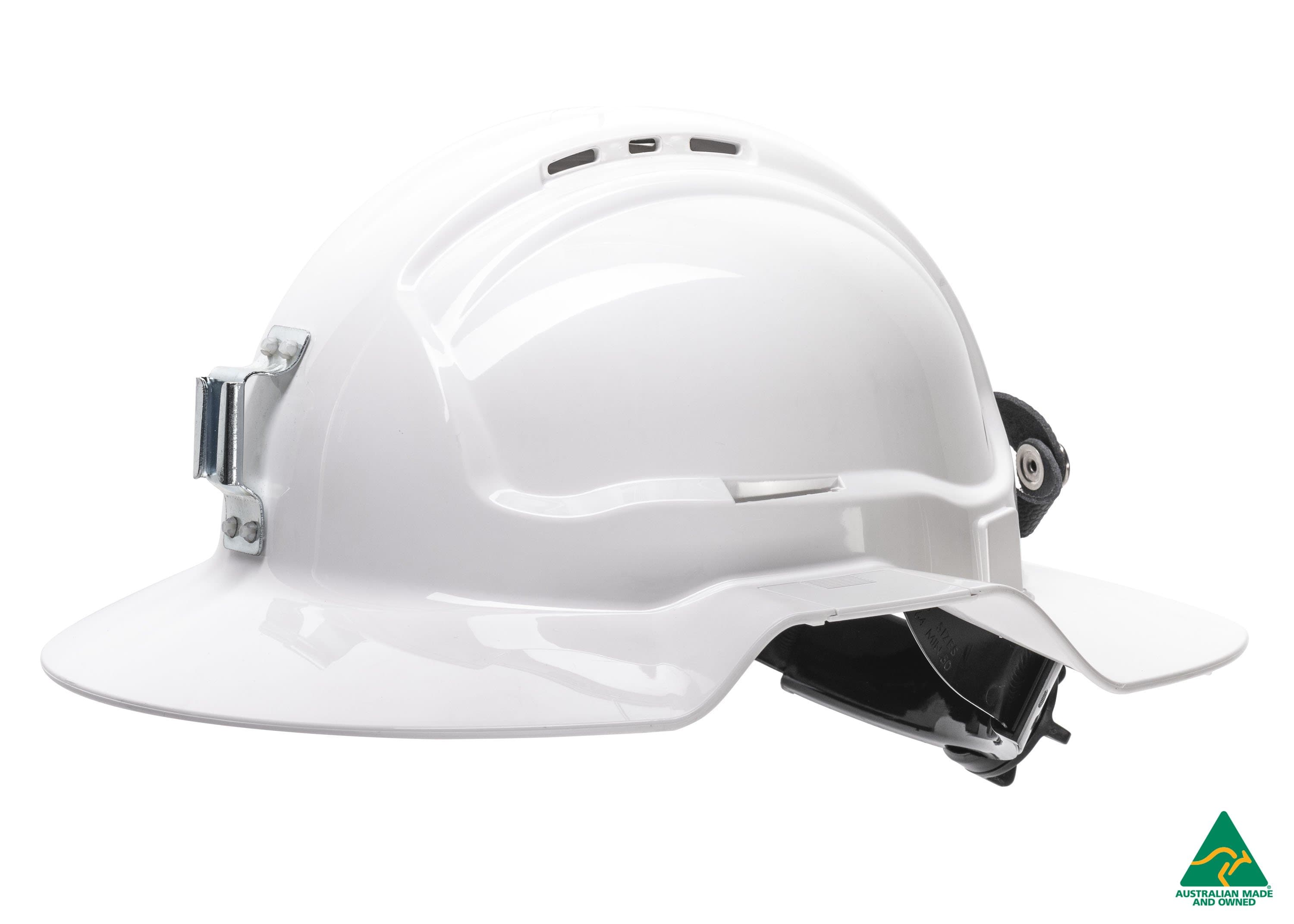 Maxisafe White Broadbrim Hard Hat W/ Metal Miners Bracket & Ratchet Harness - Made In Australia