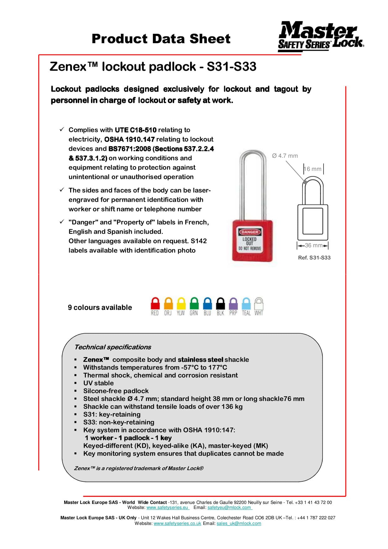Master Lock Safety Padlock S31 KD Red