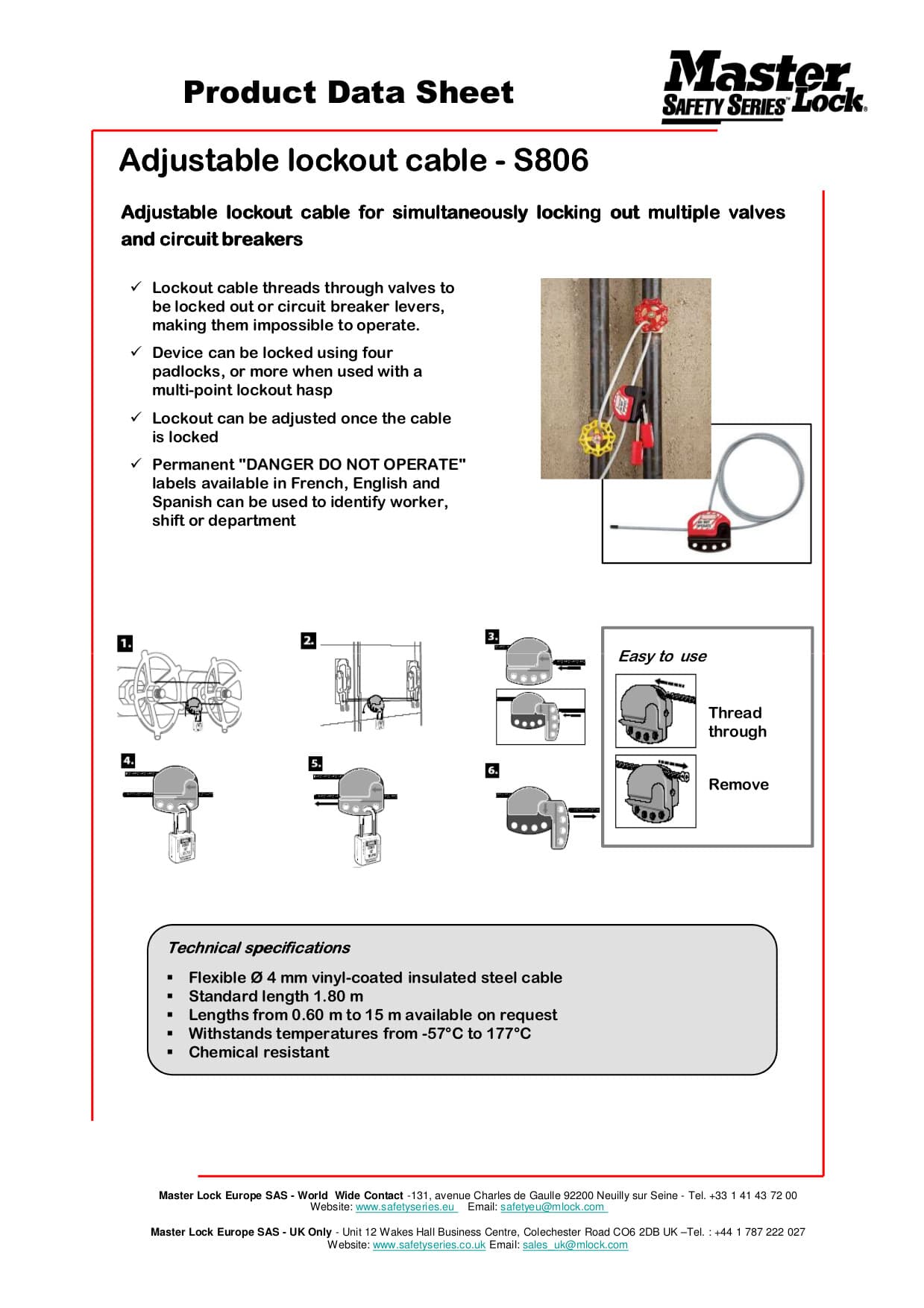 Master Lock Cable Lockout Adjustable 1830Mm X4Mm