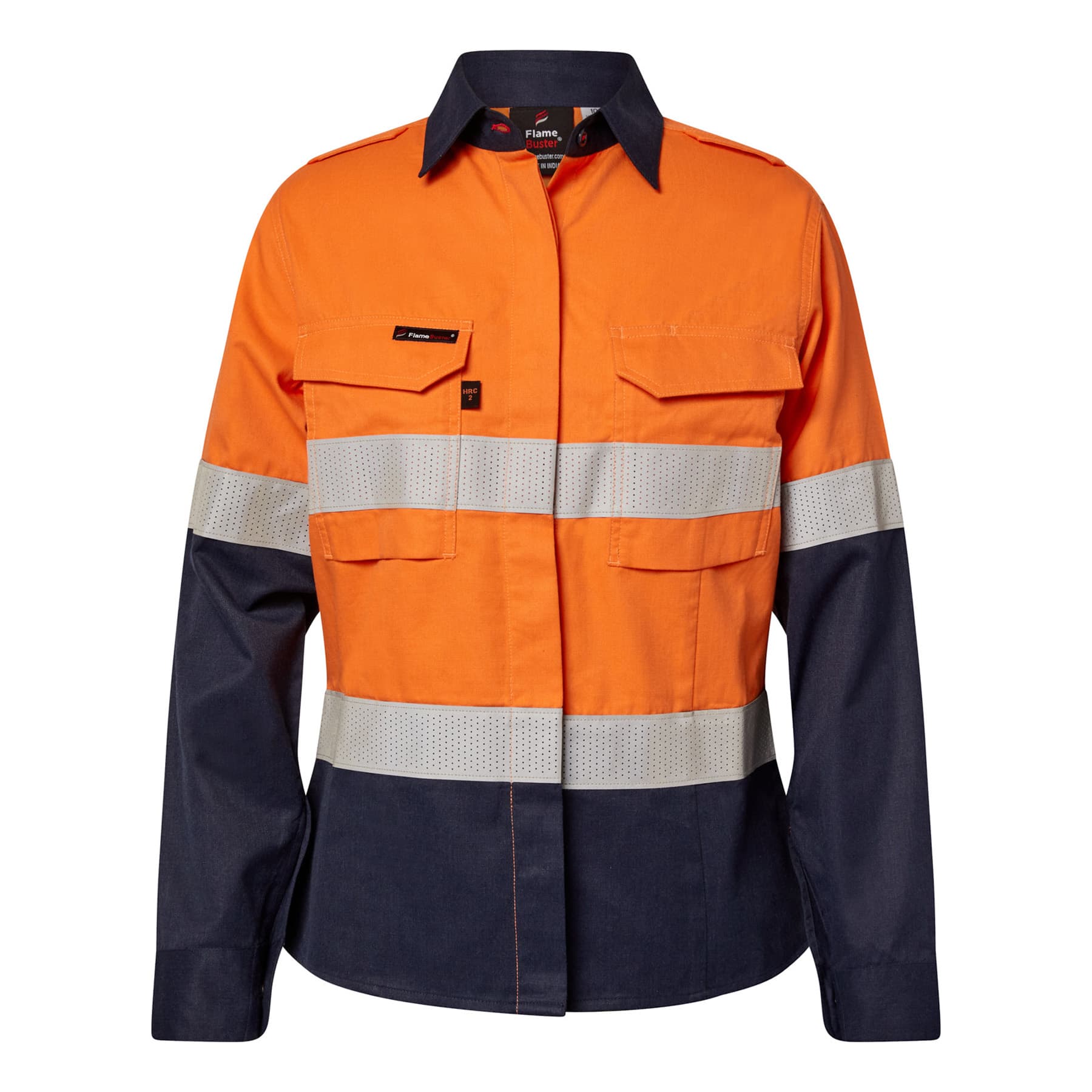 Flamebuster Womens Hrc2 Inherent Hi Vis Reflective Shirt With Gusset Sleeves (Navy/Orange)