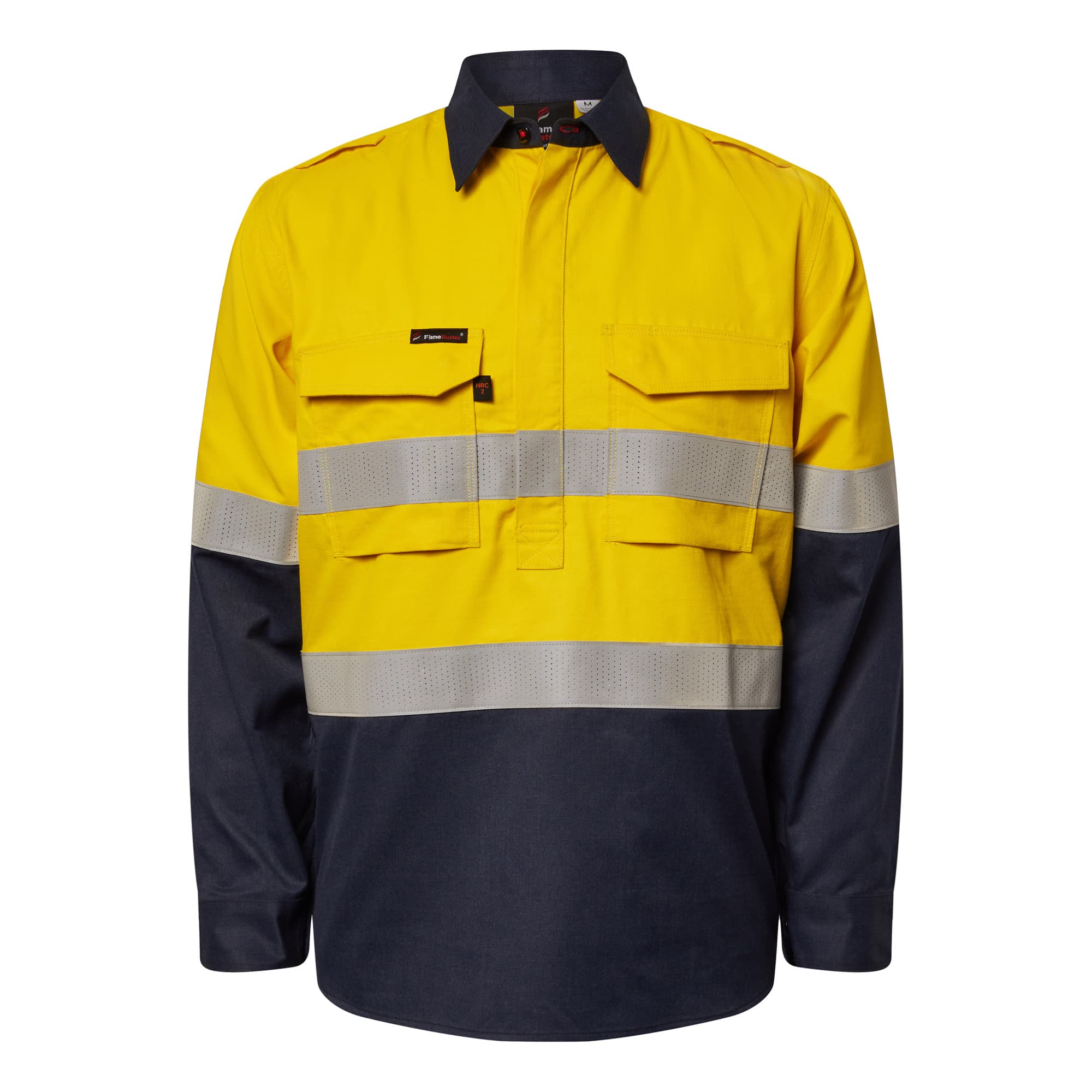 Flamebuster Mens Hrc2 Inherent Hi Vis Reflective Shirt With Gusset Sleeves (Navy/Yellow)