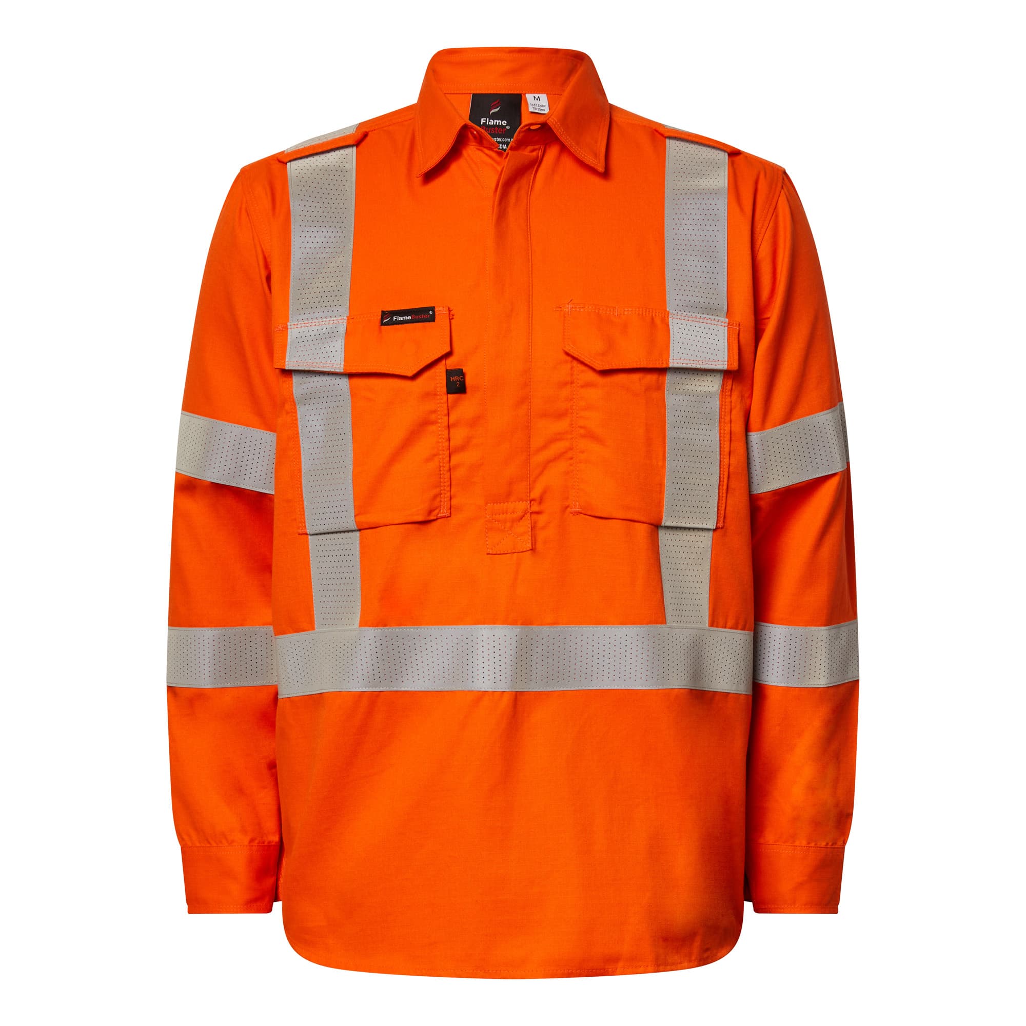 Flamebuster Hrc2 Inherent Hi Vis Closed Front Reflective Shirt With X Pattern And Gusset Sleeves (Orange)
