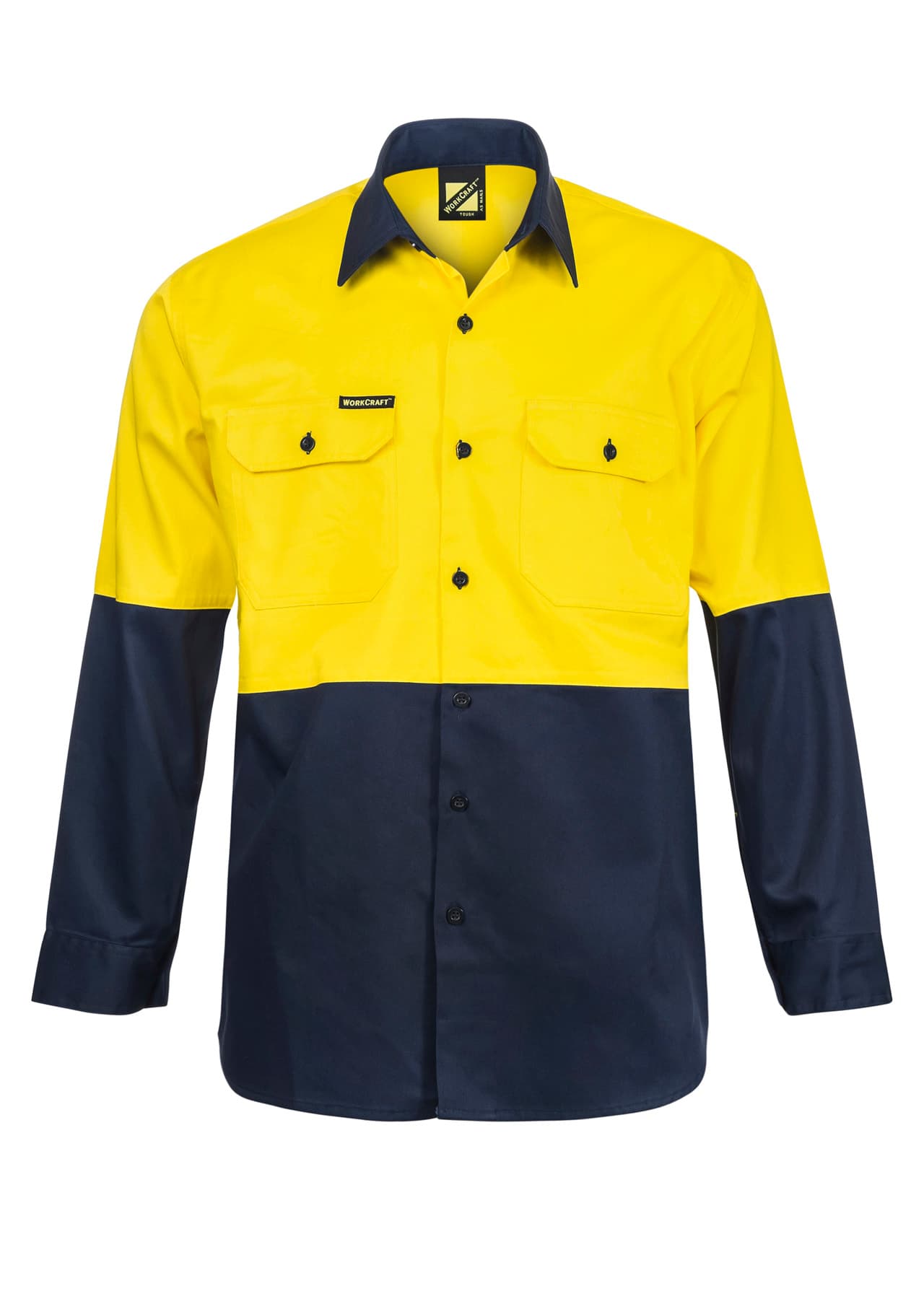 Workcraft Hi Vis Long Sleeve Cotton Drill Shirt (Navy/Yellow)