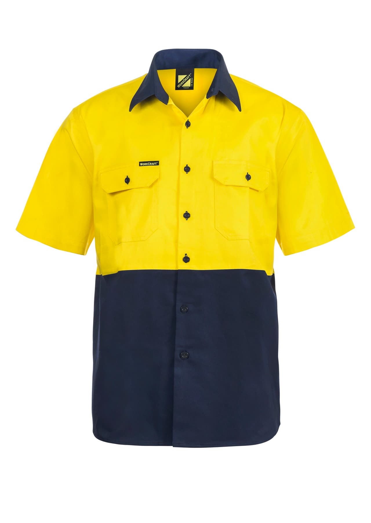 Workcraft Hi Vis Short Sleeve Cotton Drill Shirt (Navy/Yellow)