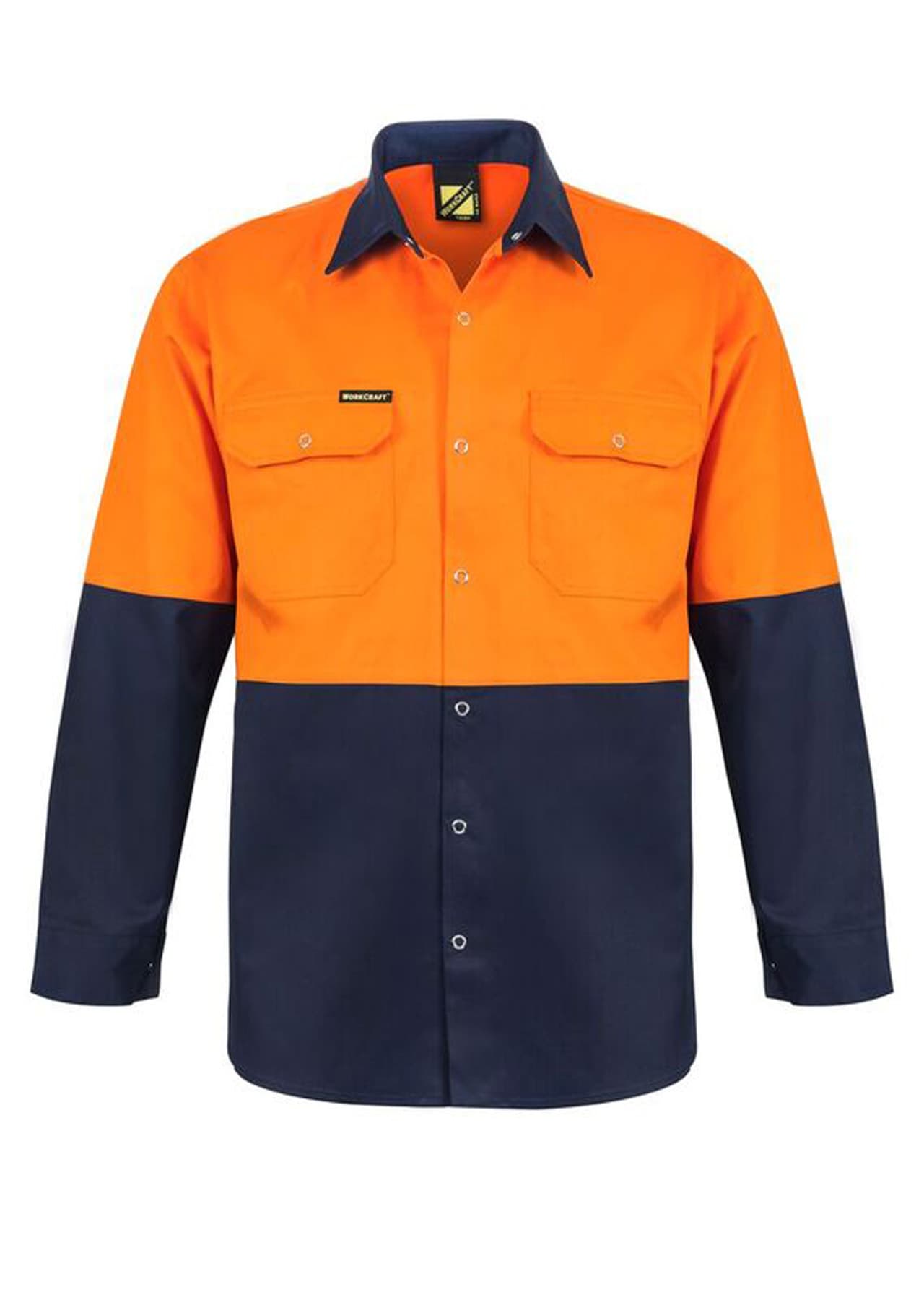 Workcraft Hi Vis Long Sleeve Cotton Drill Industrial Laundry Shirt With Press Studs (Navy/Orange)