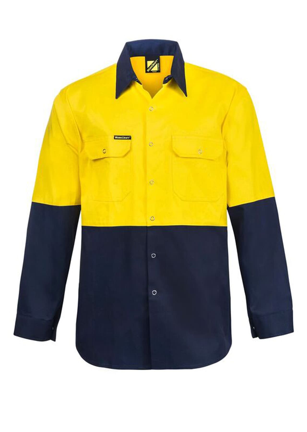 Workcraft Hi Vis Long Sleeve Cotton Drill Industrial Laundry Shirt With Press Studs (Navy/Yellow)