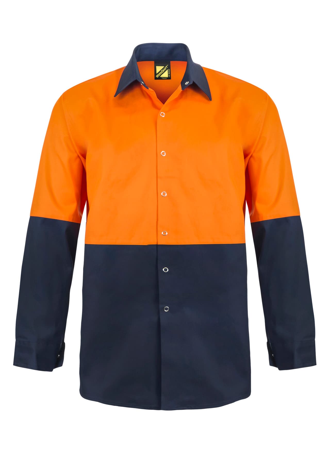 Workcraft Hi Vis Long Sleeve Cotton Drill Food Industry Shirt With Press Studs And Spare Pockets (Navy/Orange)