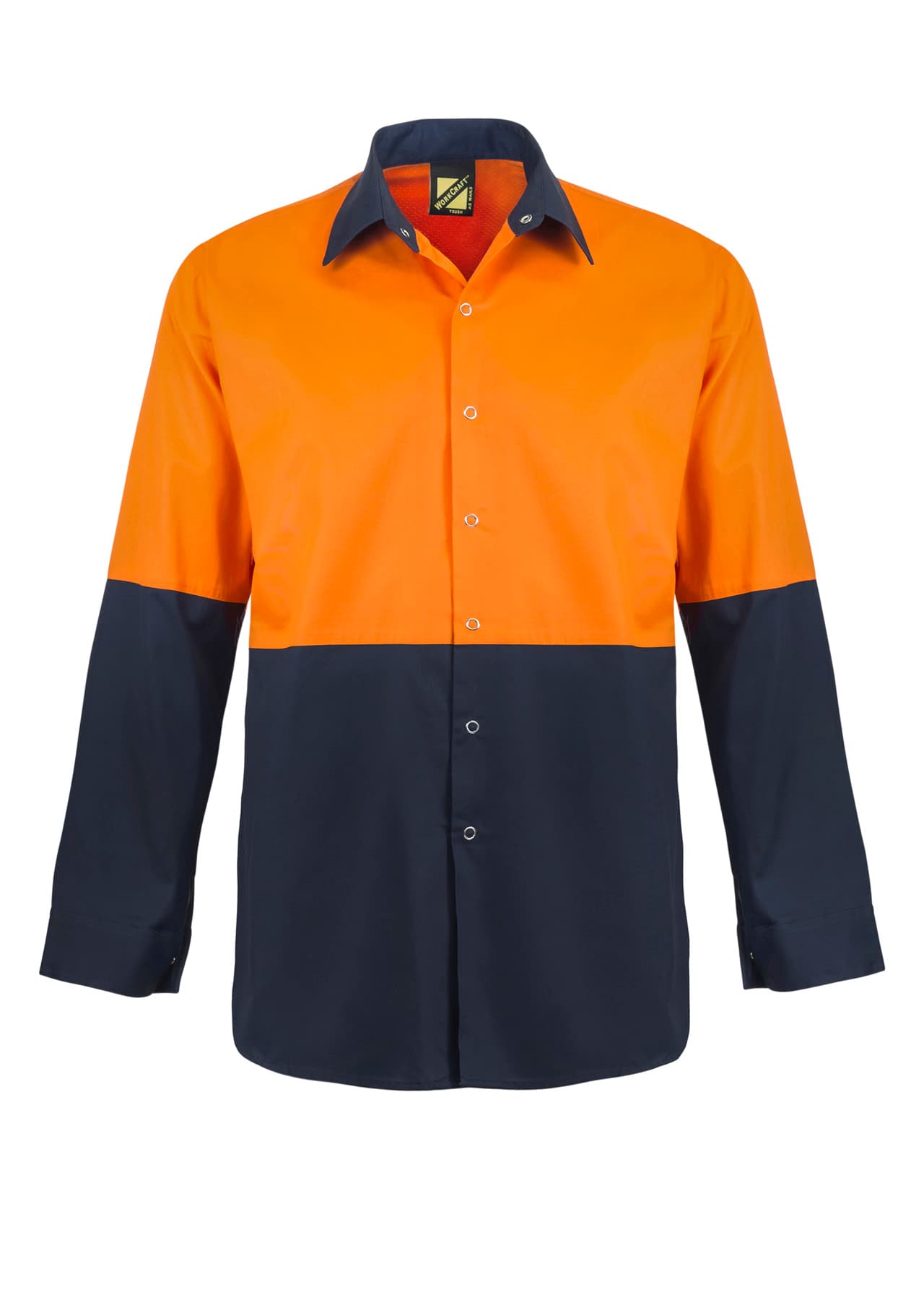 Workcraft Lightweight Hi Vis Long Sleeve Vented Cotton Drill Food Industry Shirt With Press Studs And Spare Pockets (Navy/Orange)