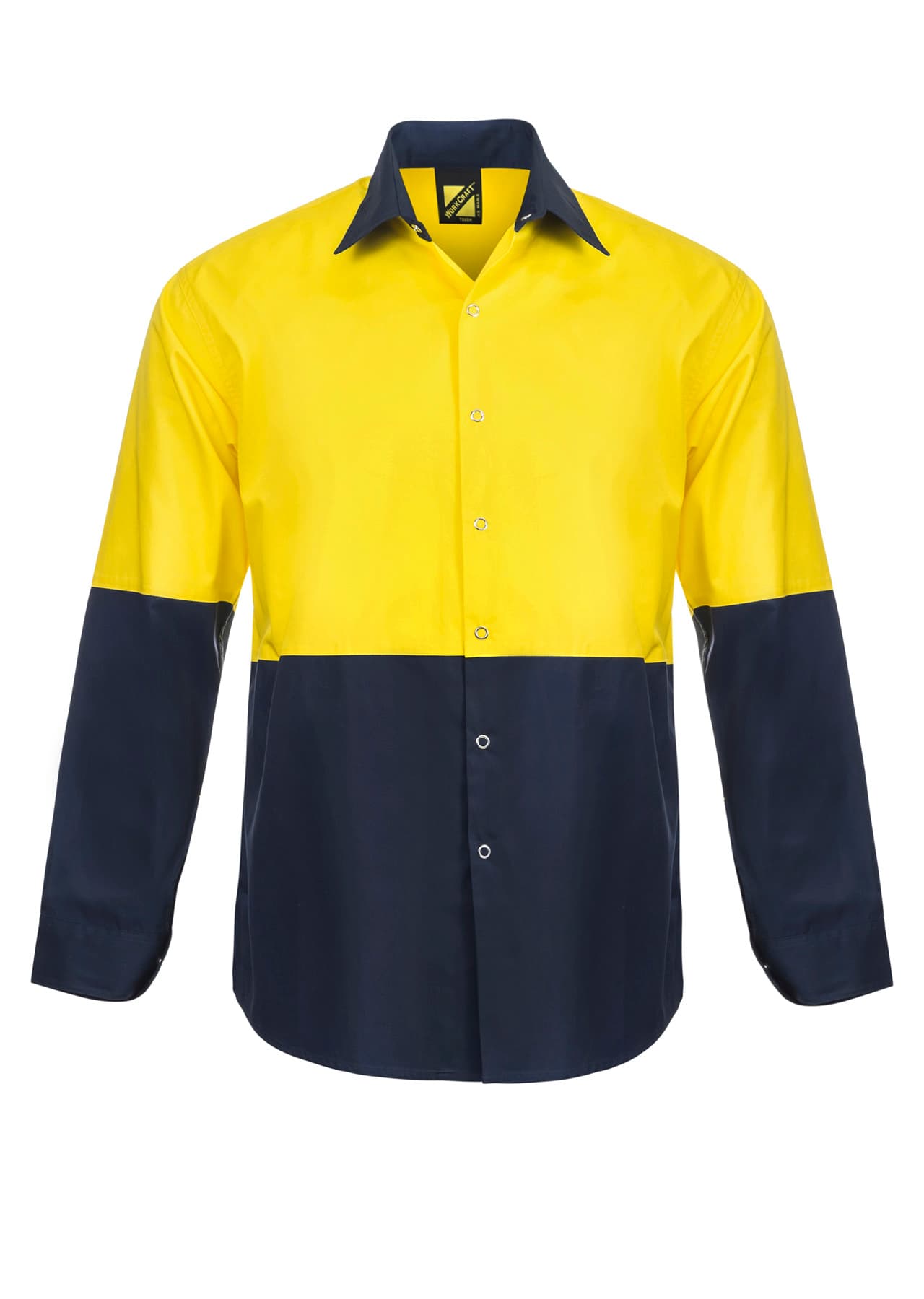 Workcraft Lightweight Hi Vis Long Sleeve Vented Cotton Drill Food Industry Shirt With Press Studs And Spare Pockets (Navy/Yellow)