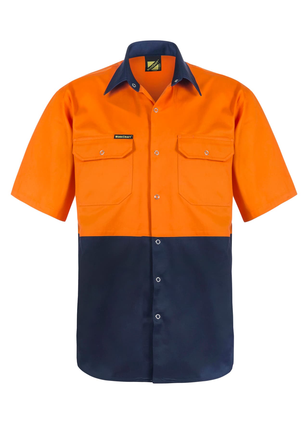 Workcraft Hi Vis Short Sleeve Cotton Drill Industrial Laundry Shirt With Press Studs (Navy/Orange)