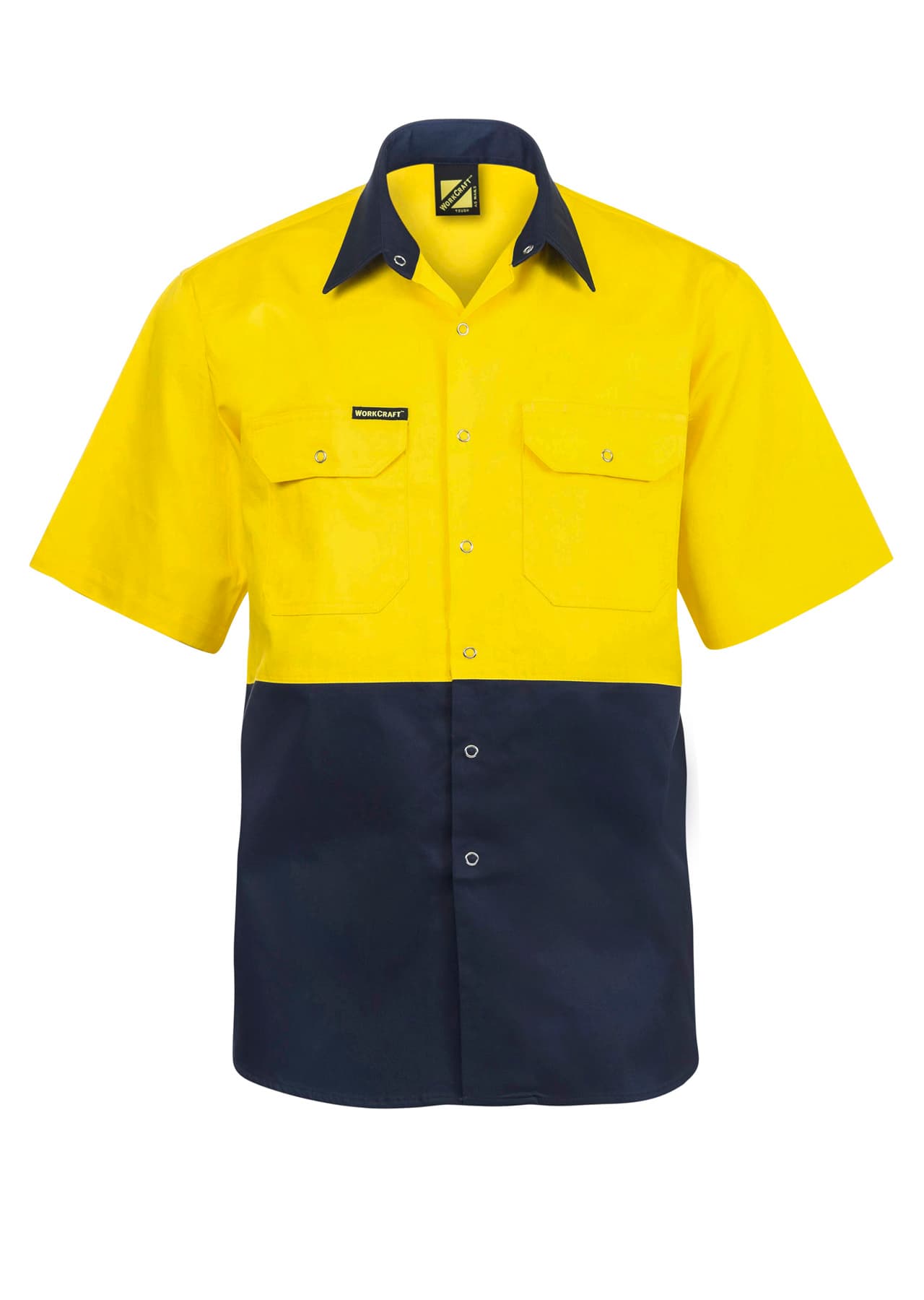 Workcraft Hi Vis Short Sleeve Cotton Drill Industrial Laundry Shirt With Press Studs (Navy/Yellow)