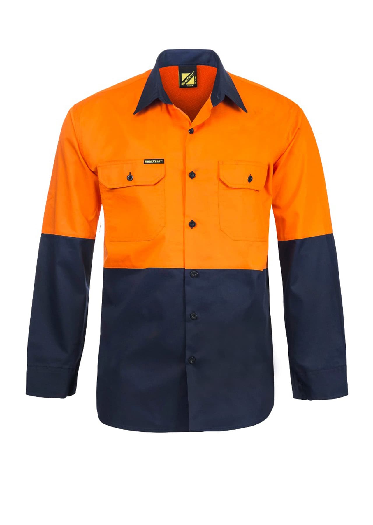 Workcraft Lightweight Hi Vis Long Sleeve Vented Cotton Drill Shirt (Navy/Orange)