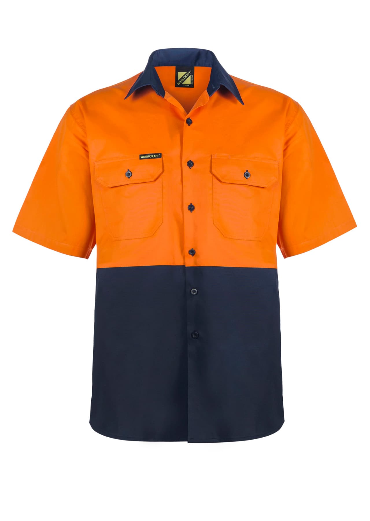 Workcraft Lightweight Hi Vis Short Sleeve Vented Cotton Drill Shirt (Navy/Orange)