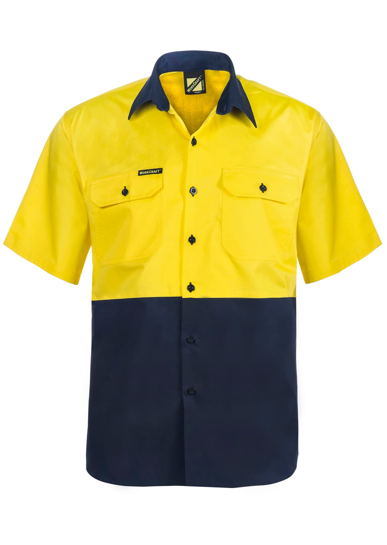 Workcraft Lightweight Hi Vis Short Sleeve Vented Cotton Drill Shirt (Navy/Yellow)