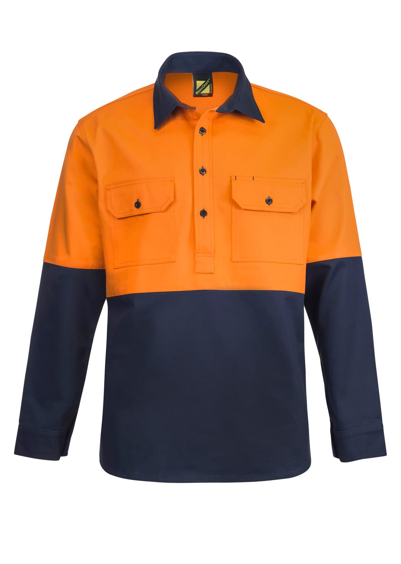 Workcraft Heavy Duty Hybrid Hi Vis Closed Front Cotton Drill Shirt With Gusset Sleeves (Navy/Orange)