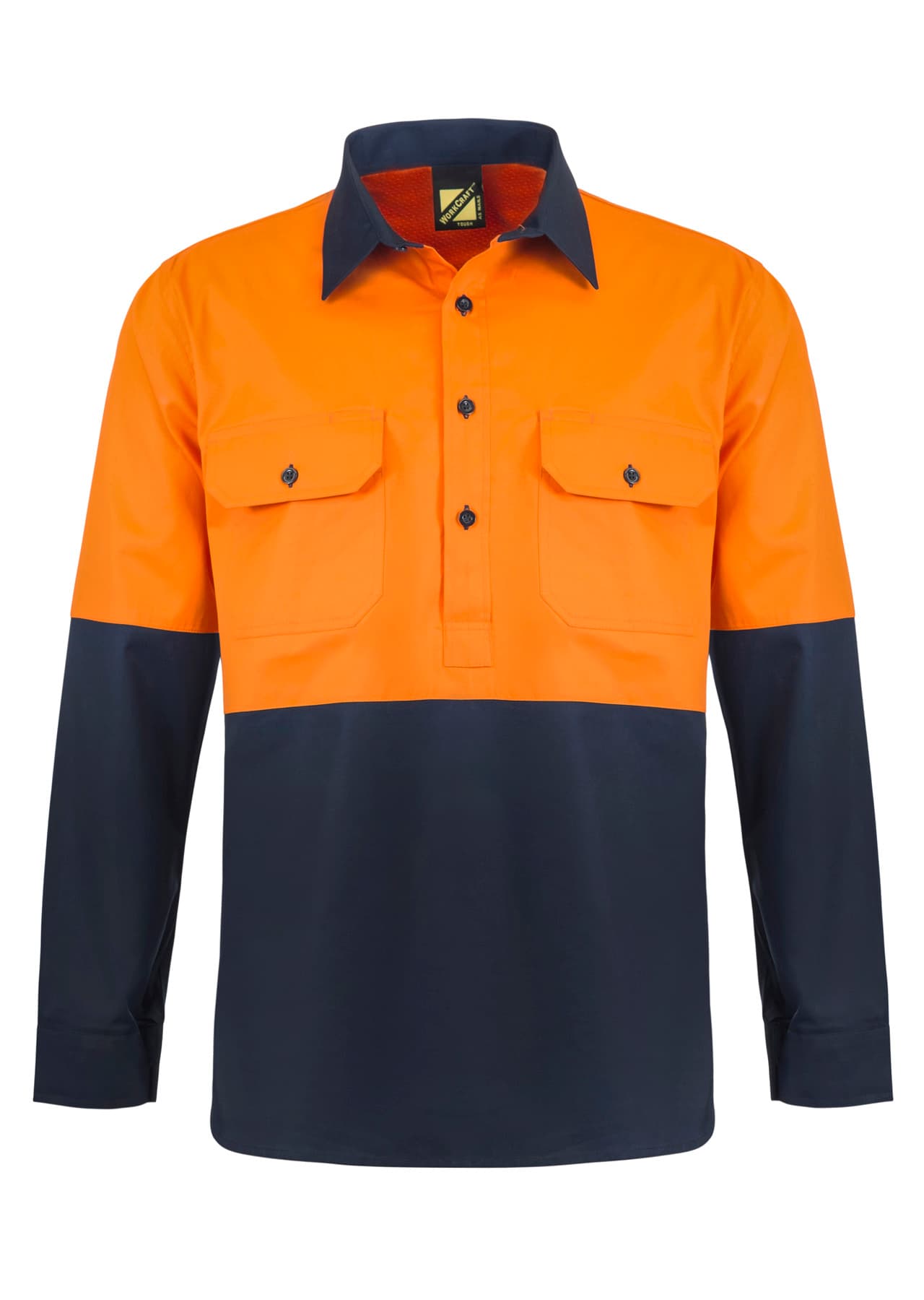 Workcraft Lightweight Hi Vis Closed Front Vented Cotton Drill Shirt With Semi Gusset Sleeves (Navy/Orange)