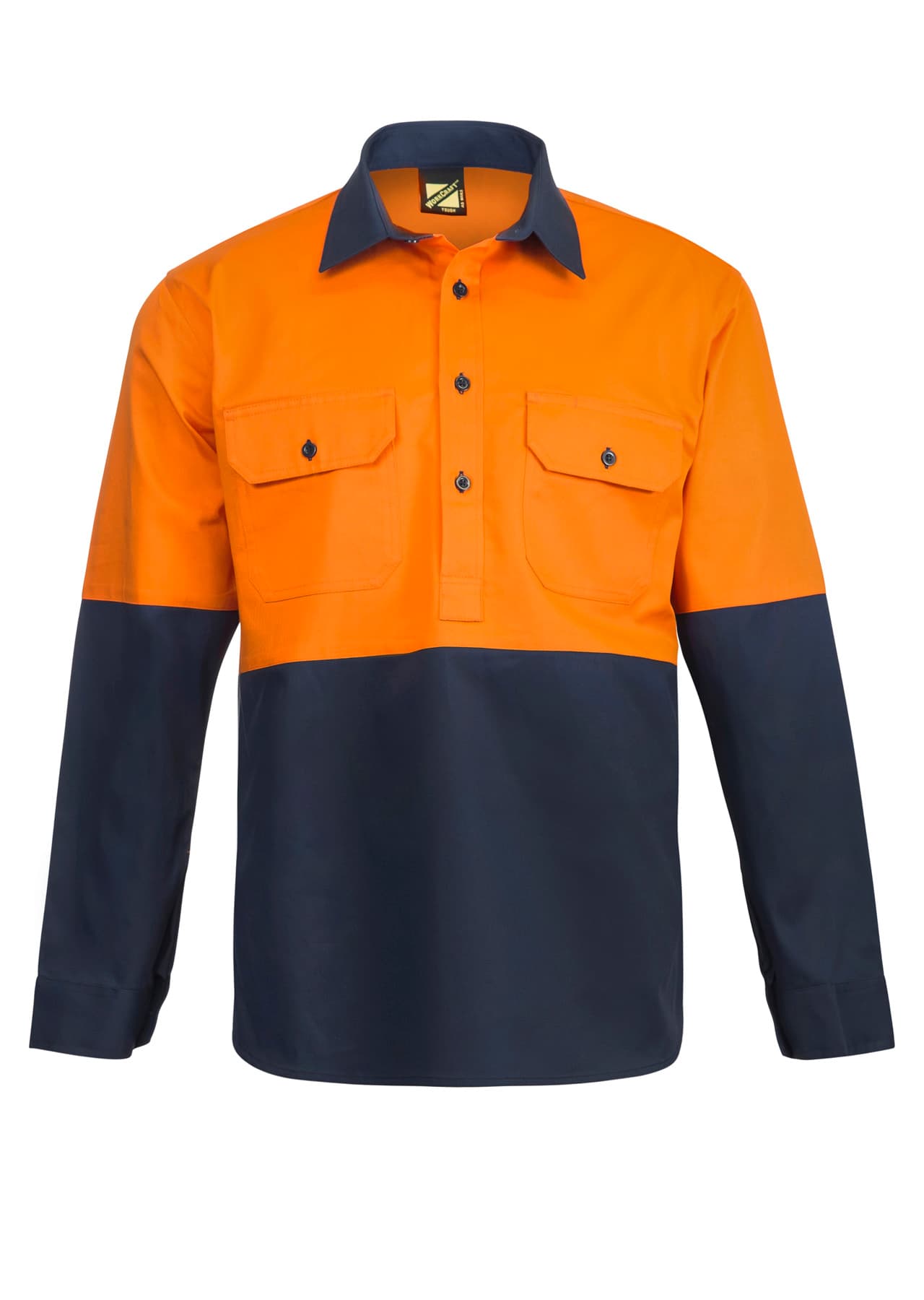 Workcraft Hi Vis Closed Front Cotton Drill Shirt With Semi Gusset Sleeves (Navy/Orange)