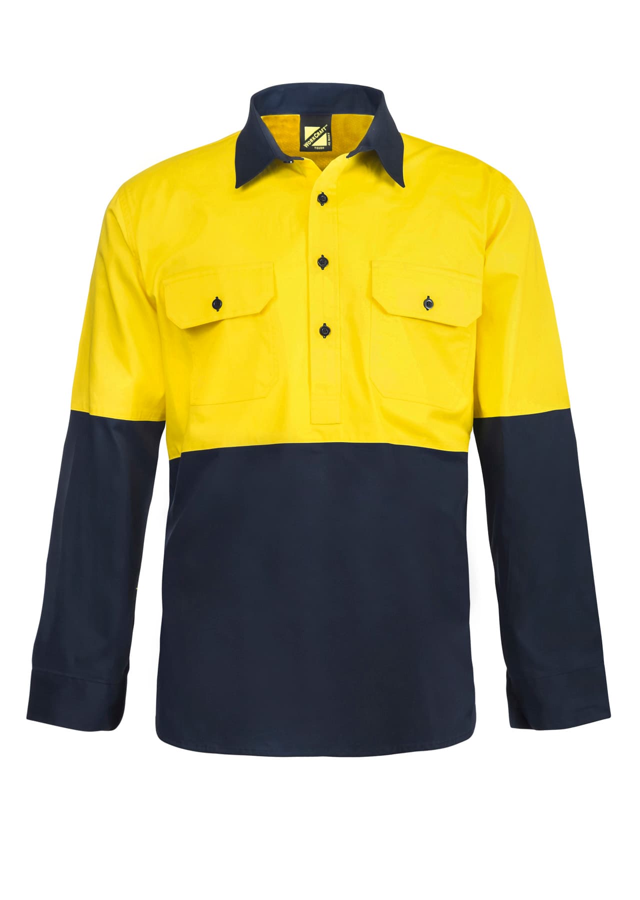 Workcraft Hi Vis Closed Front Cotton Drill Shirt With Semi Gusset Sleeves (Navy/Yellow)