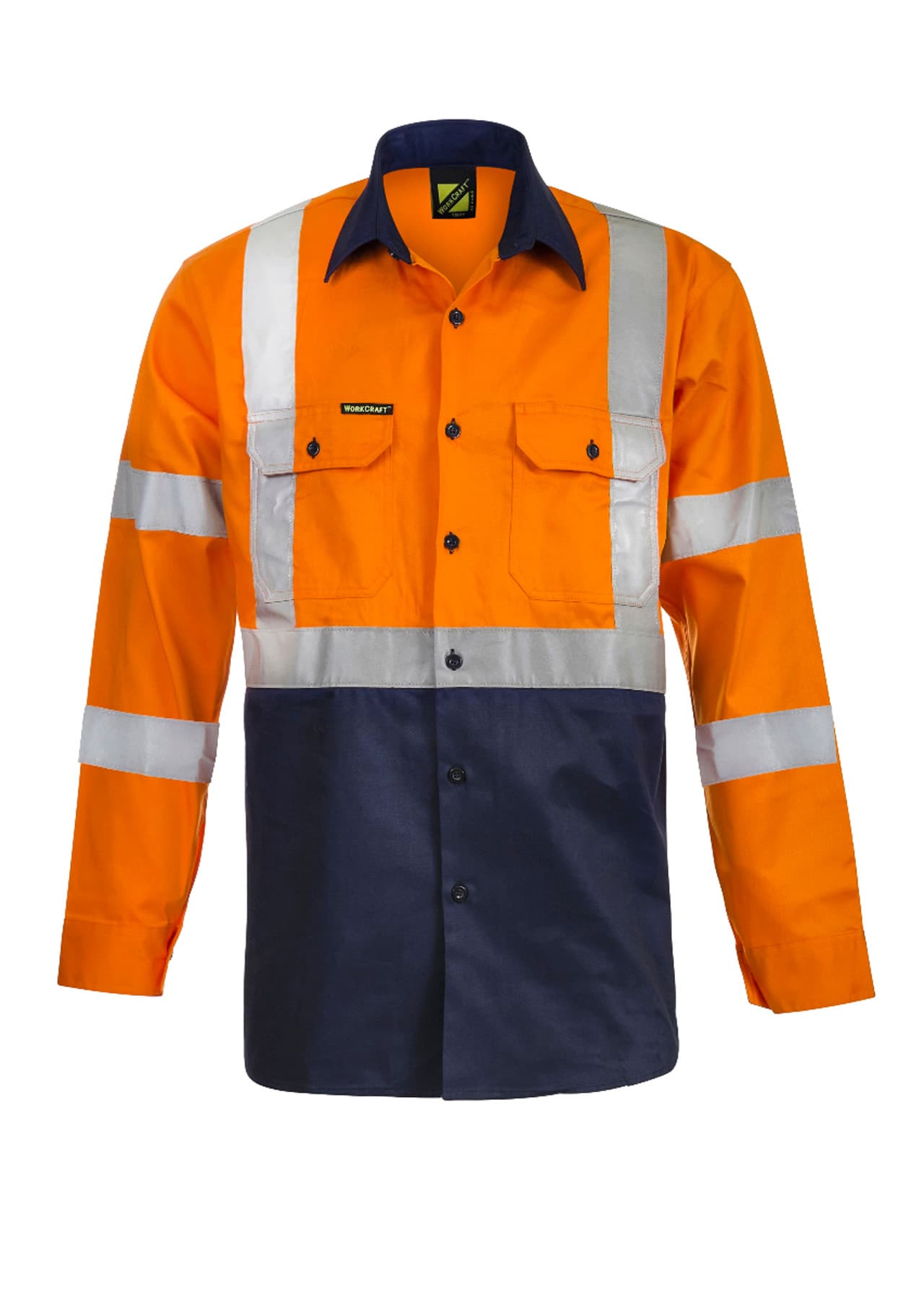 Workcraft Hi Vis Long Sleeve Cotton Drill Reflective Shirt With X Pattern (Navy/Orange)