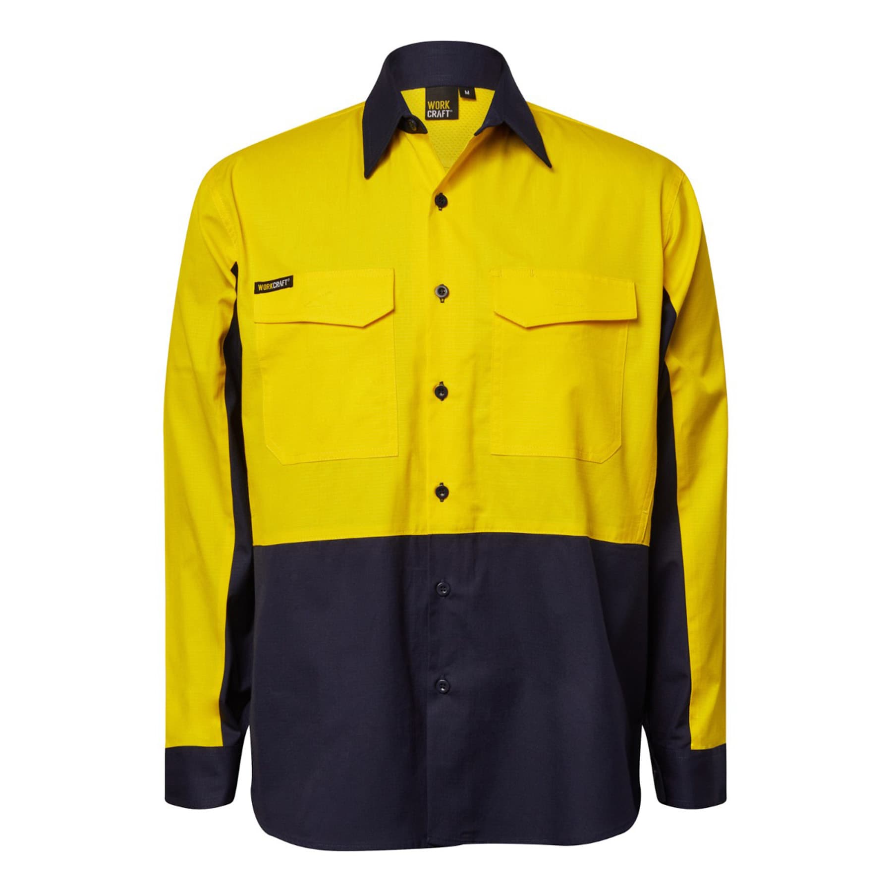 Workcraft Hi Vis Long Sleeve Vented Ripstop Shirt (Navy/Yellow)