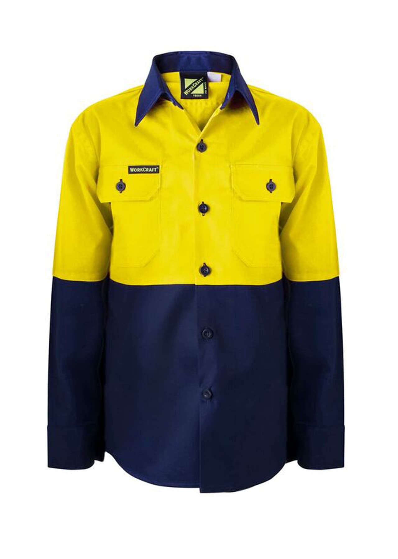 Workcraft Kids Lightweight Hi Vis Long Sleeve Cotton Drill Shirt (Navy/Yellow)