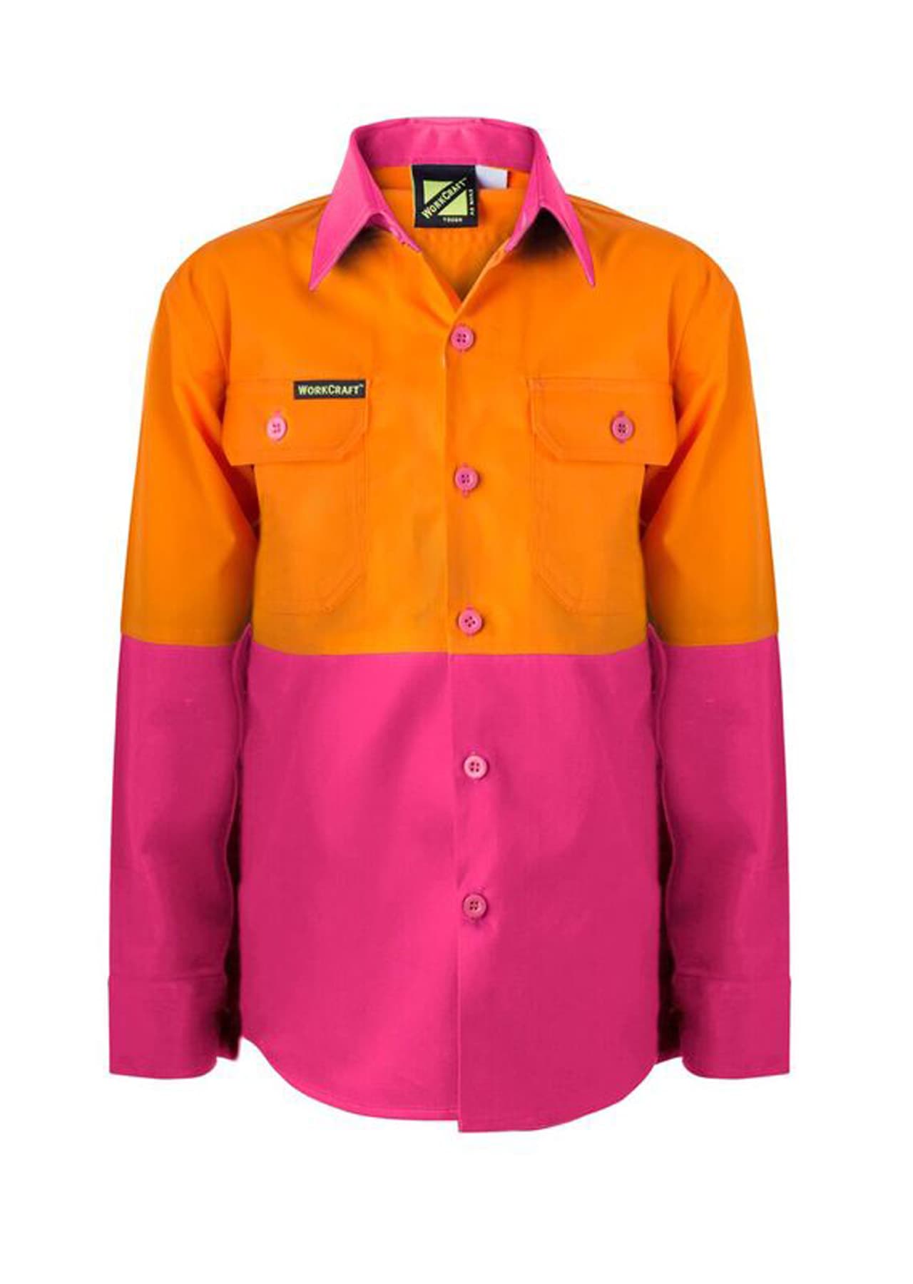 Workcraft Kids Lightweight Hi Vis Long Sleeve Cotton Drill Shirt (Pink/Orange)