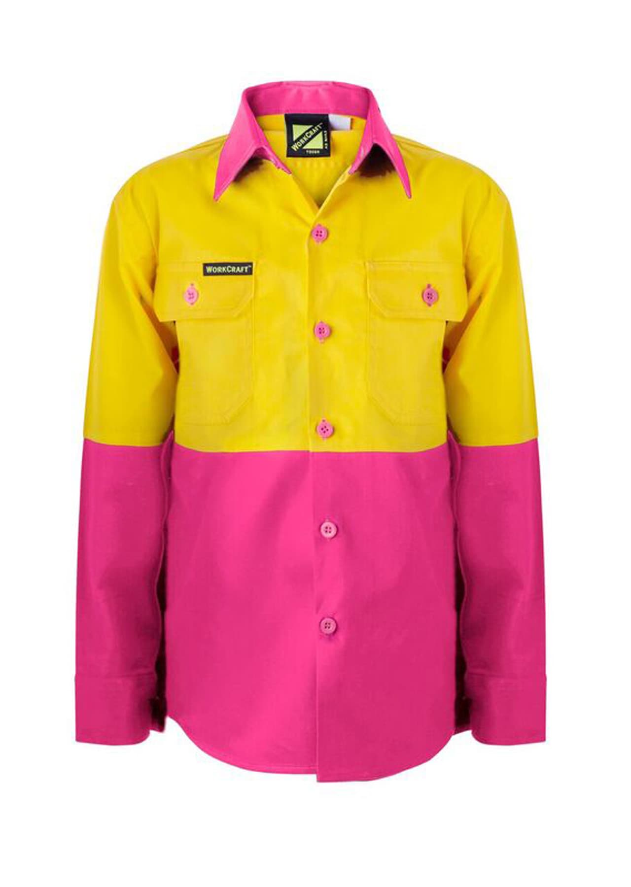 Workcraft Kids Lightweight Hi Vis Long Sleeve Cotton Drill Shirt (Pink/Yellow)