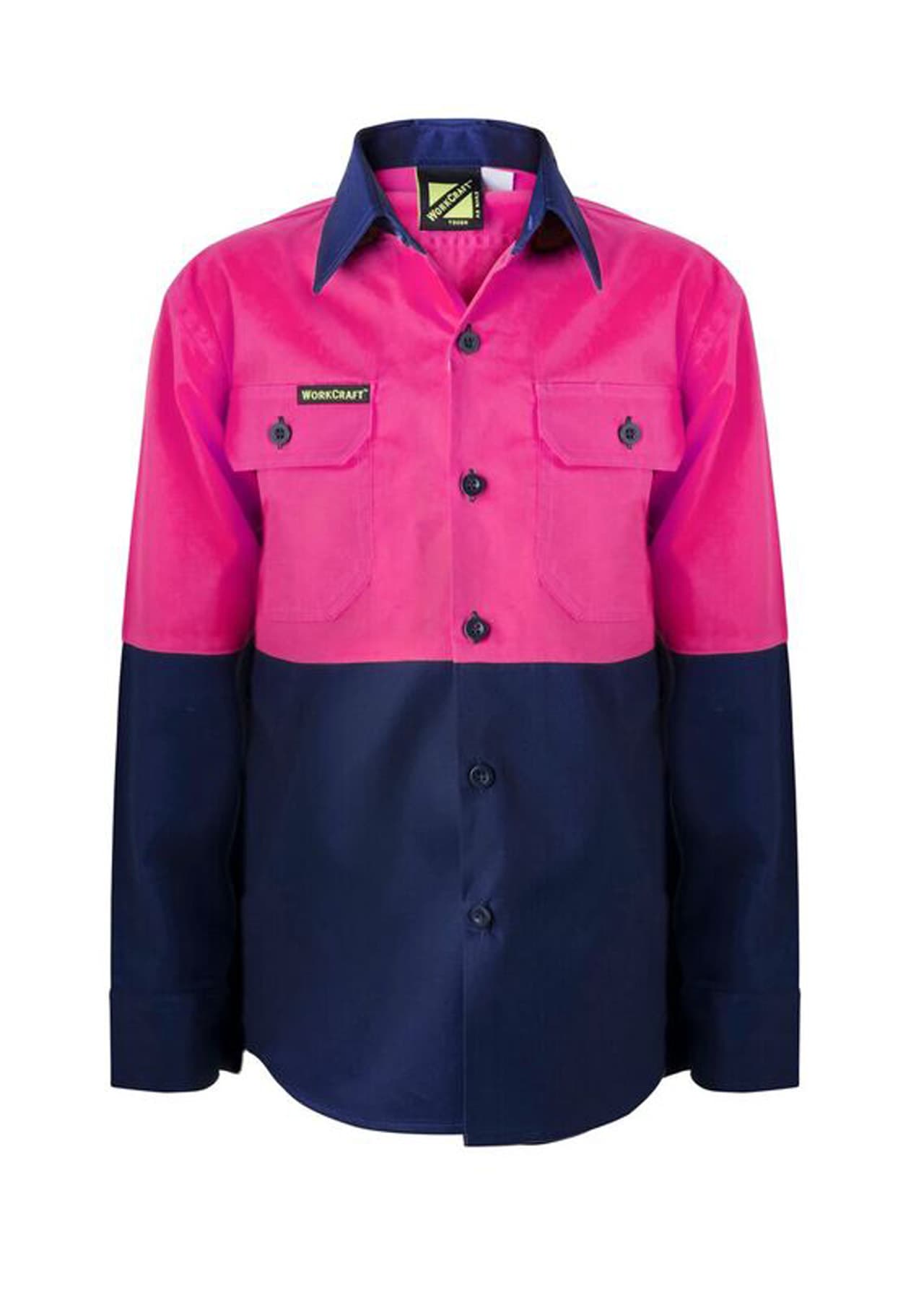 Workcraft Kids Lightweight Long Sleeve Cotton Drill Shirt (Navy/Pink)