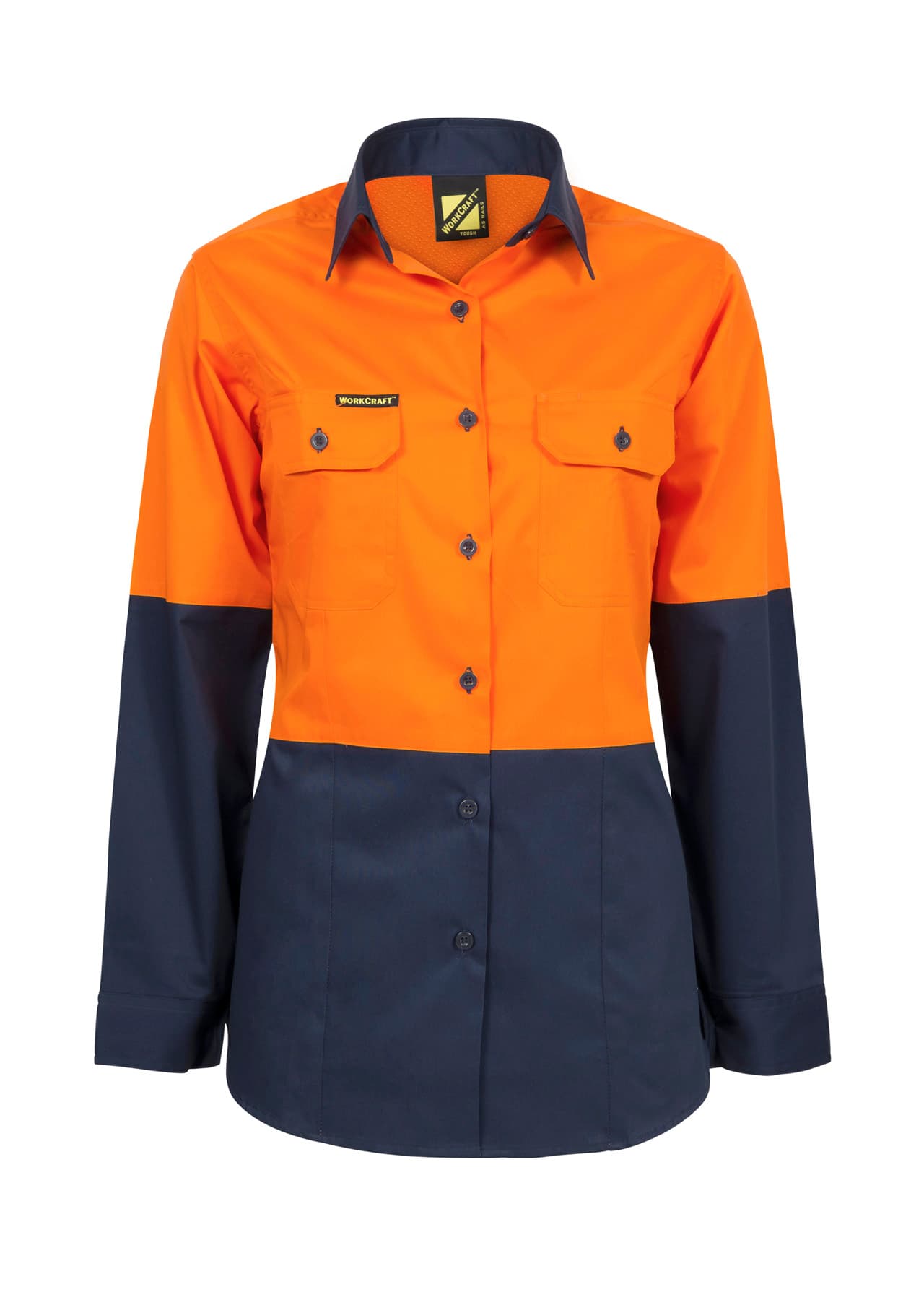 Workcraft Ladies Lightweight Hi Vis Long Sleeve Vented Cotton Drill Shirt (Navy/Orange)